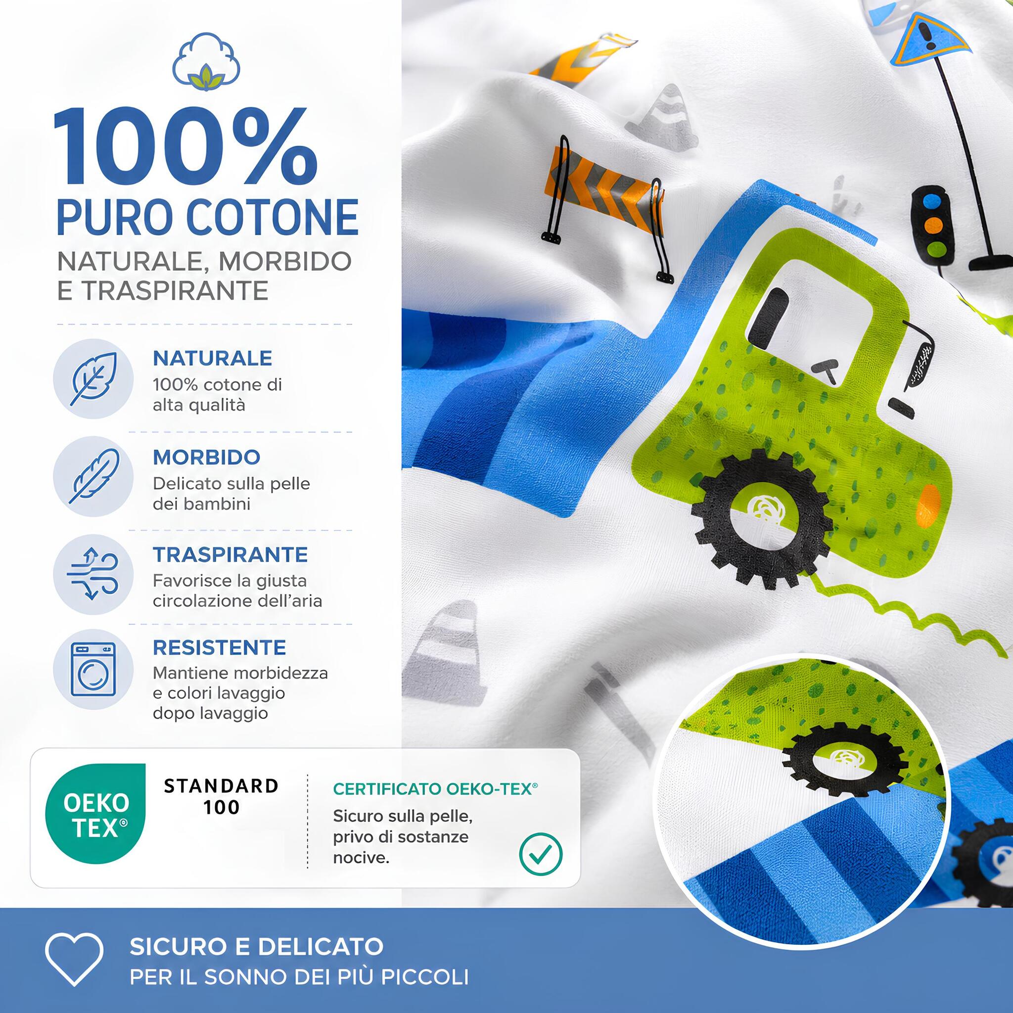 Dettaglio tessuto 100% cotone certificato OEKO TEX del completo lenzuola City Car Caleffi
