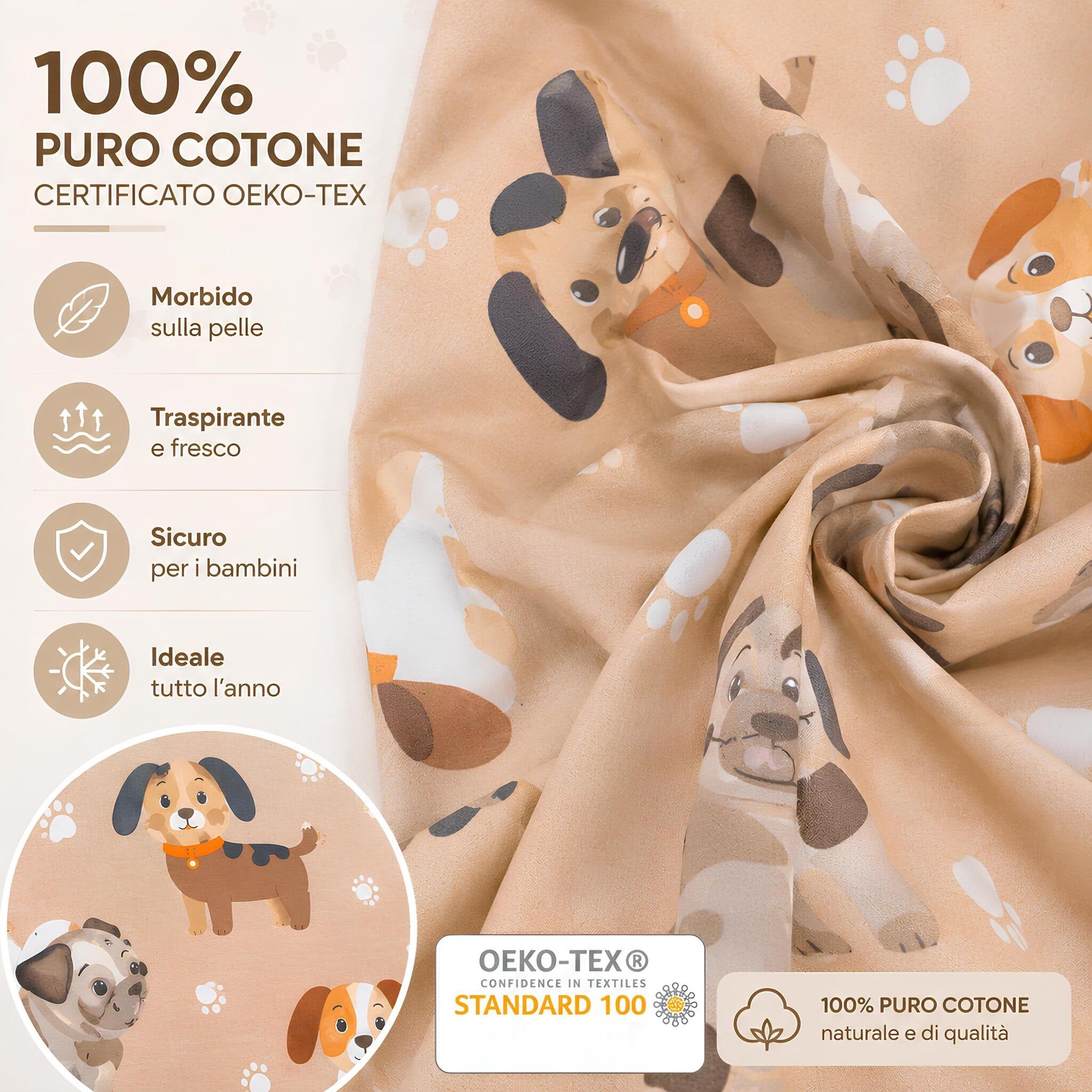 Tessuto 100% cotone certificato OEKO-TEX del completo copripiumino Caleffi Cuccioli naturale