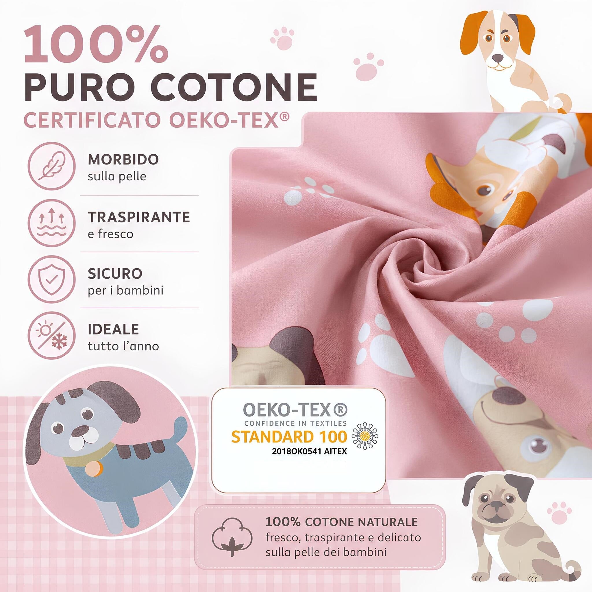 Tessuto 100% cotone certificato OEKO-TEX del completo copripiumino Caleffi Cuccioli rosa