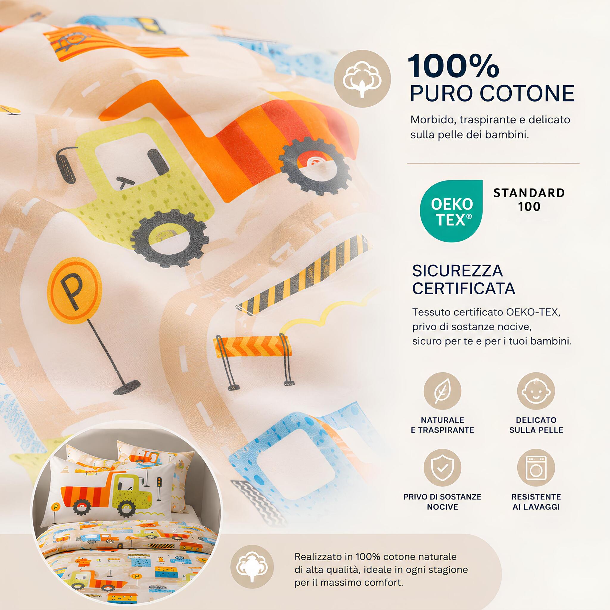 Tessuto 100% cotone certificato OEKO-TEX del completo copripiumino Caleffi City Car beige