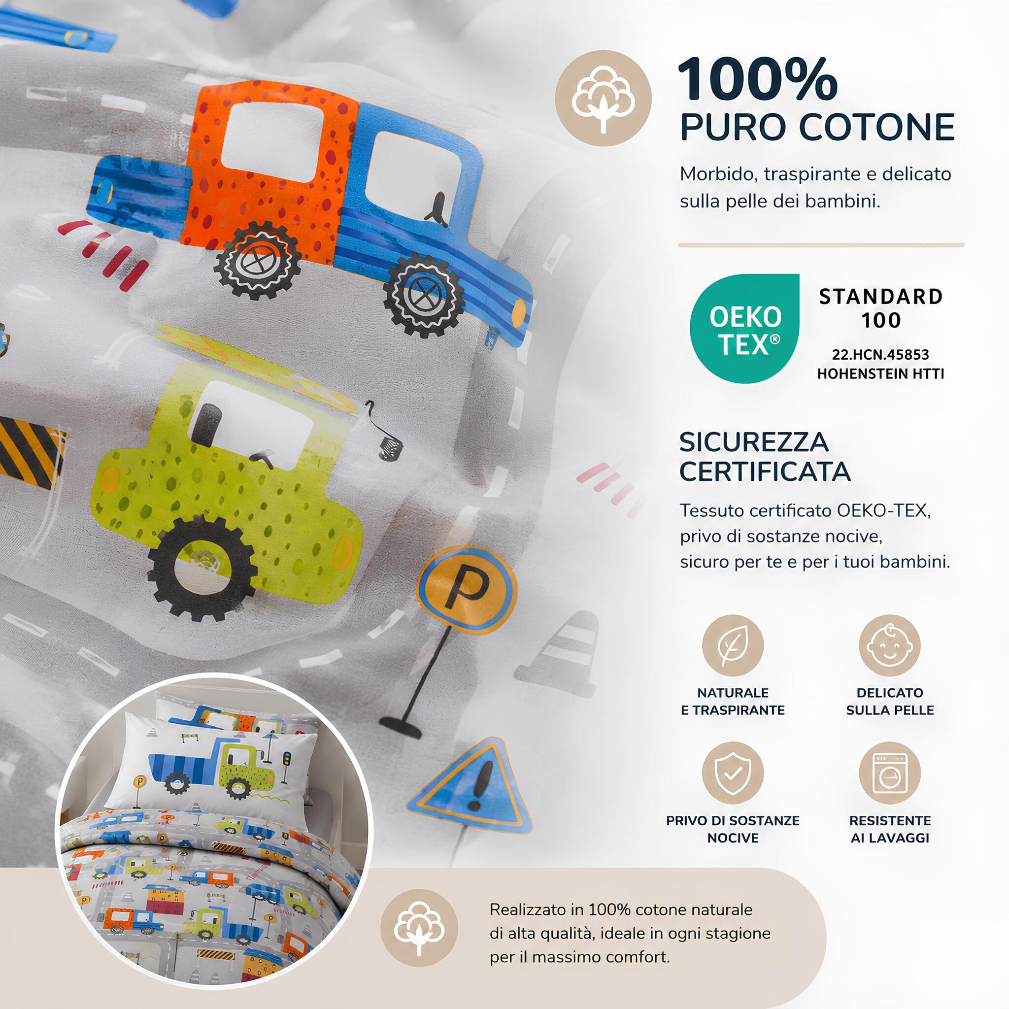 Tessuto 100% cotone certificato OEKO-TEX del completo copripiumino Caleffi City Car grigio