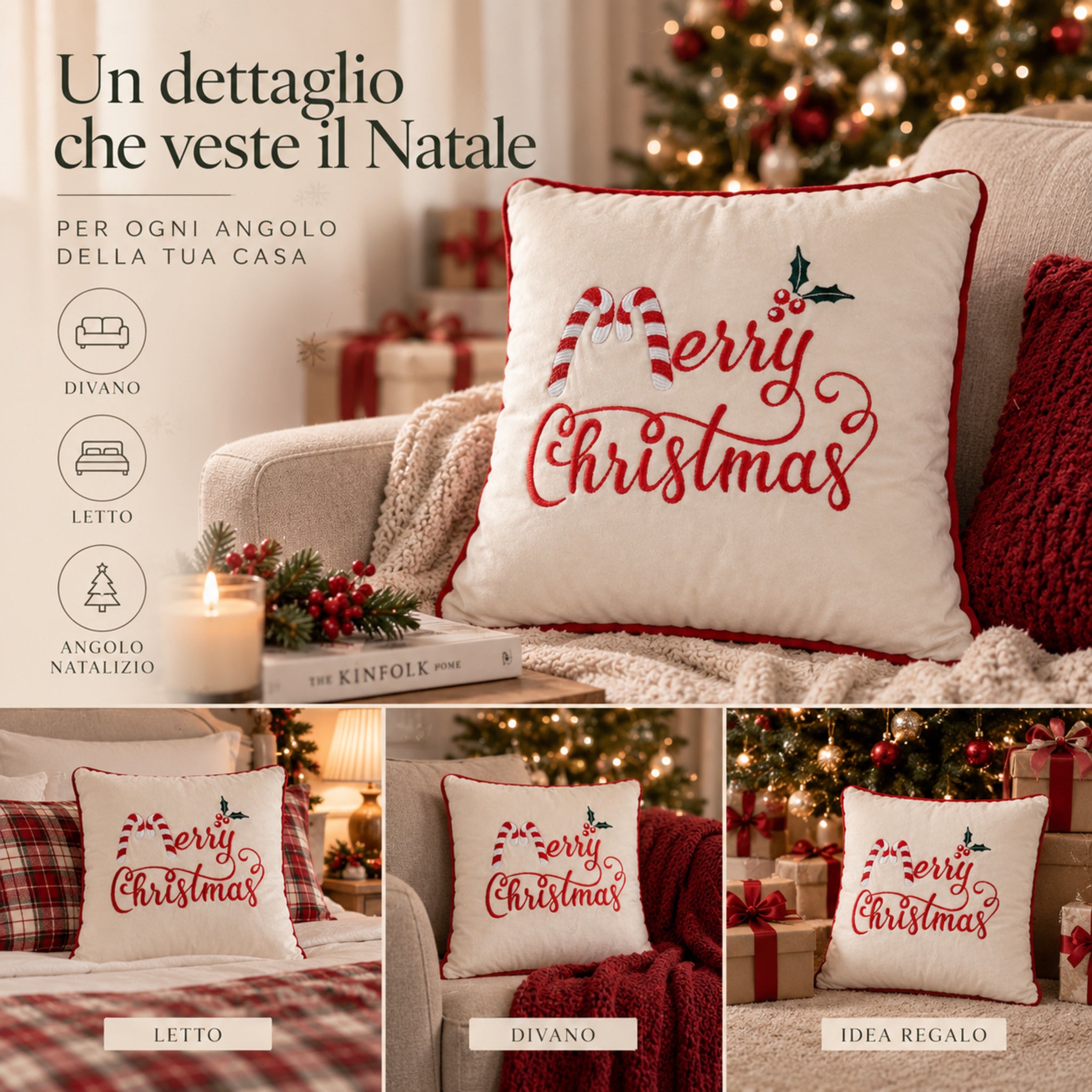 Cuscino Berries avorio utilizzato sul divano, sul letto e come idea regalo natalizia