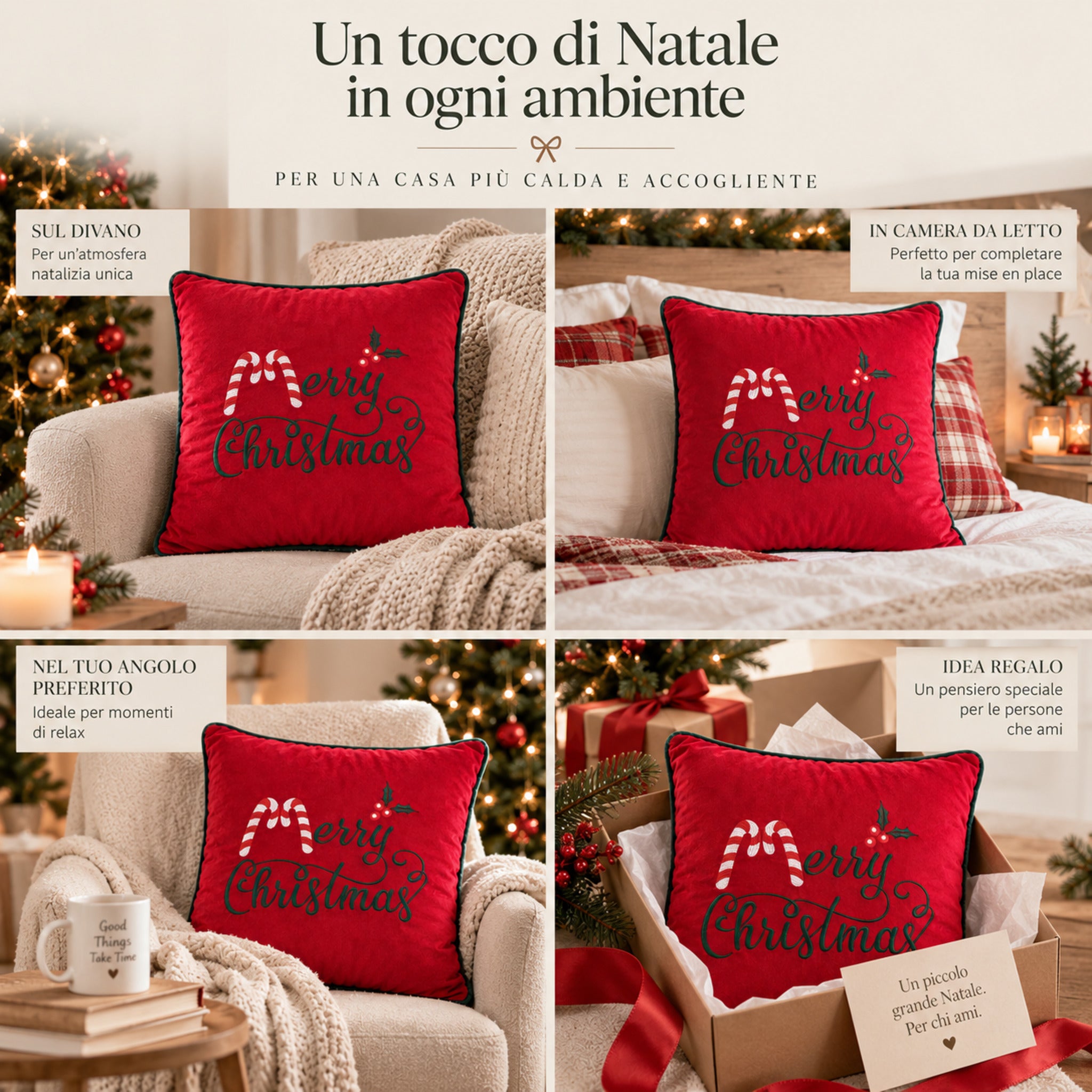 Cuscino Berries rosso utilizzato sul divano, sul letto e come regalo di Natale