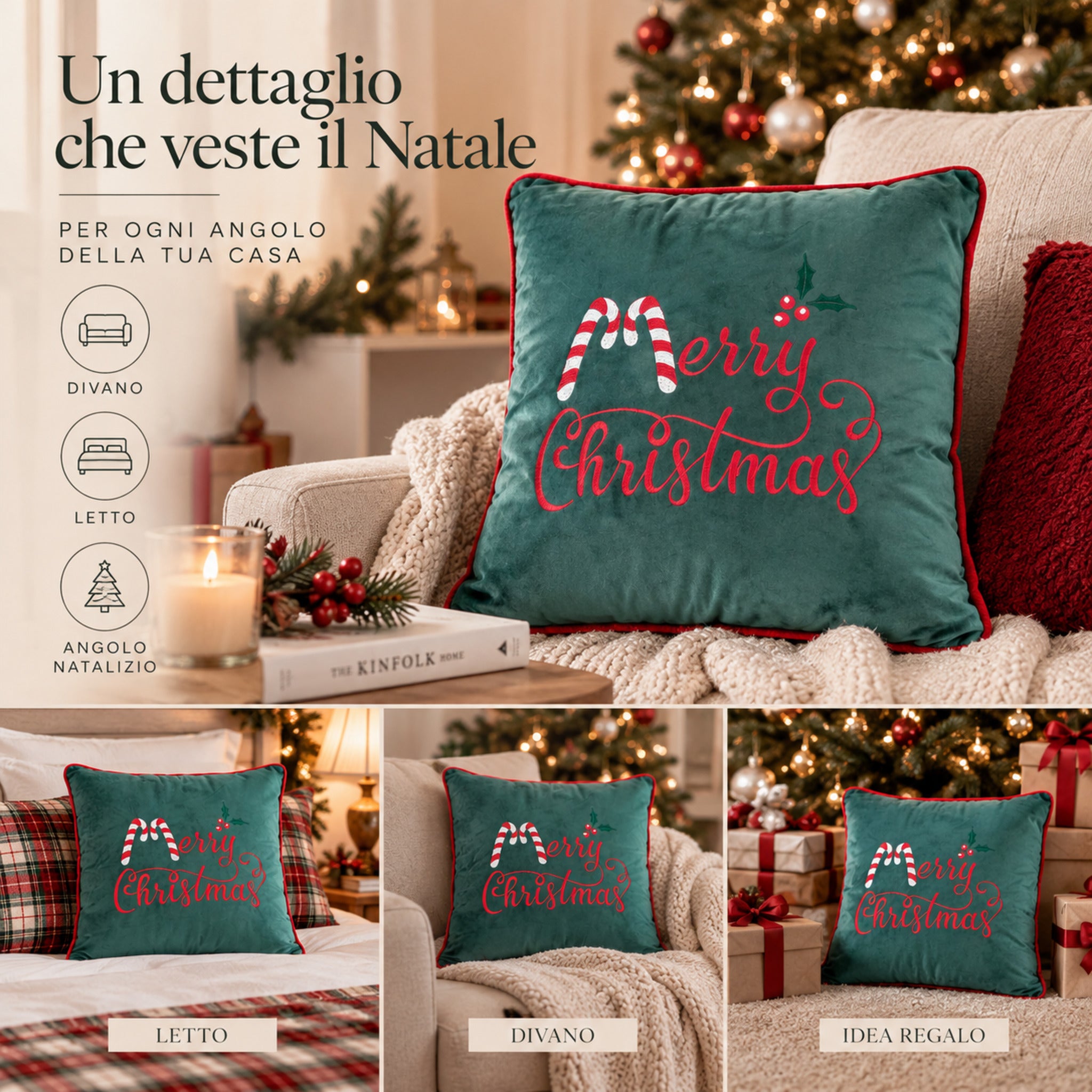 Cuscino Berries verde utilizzato sul divano, sul letto e come idea regalo natalizia