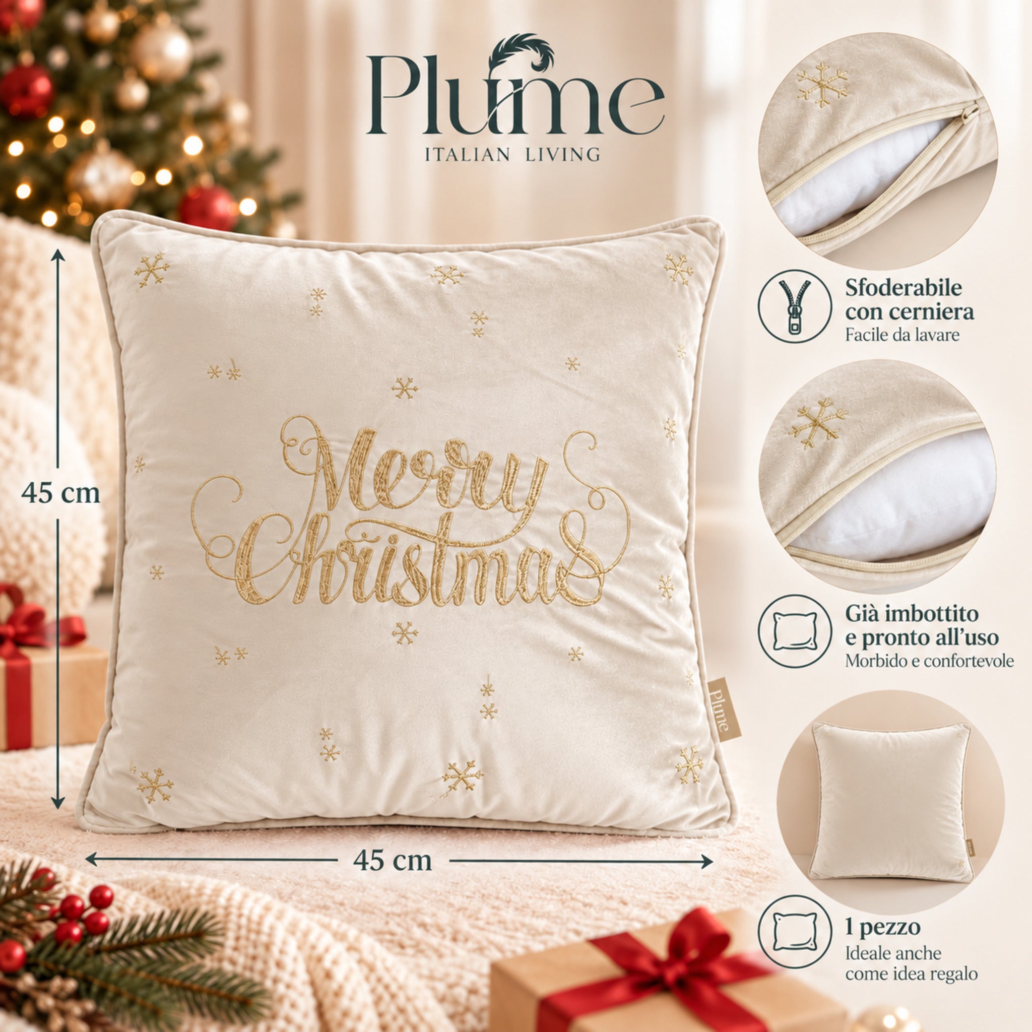 Cuscino natalizio Plume Merry Star avorio 45x45 cm sfoderabile e già imbottito