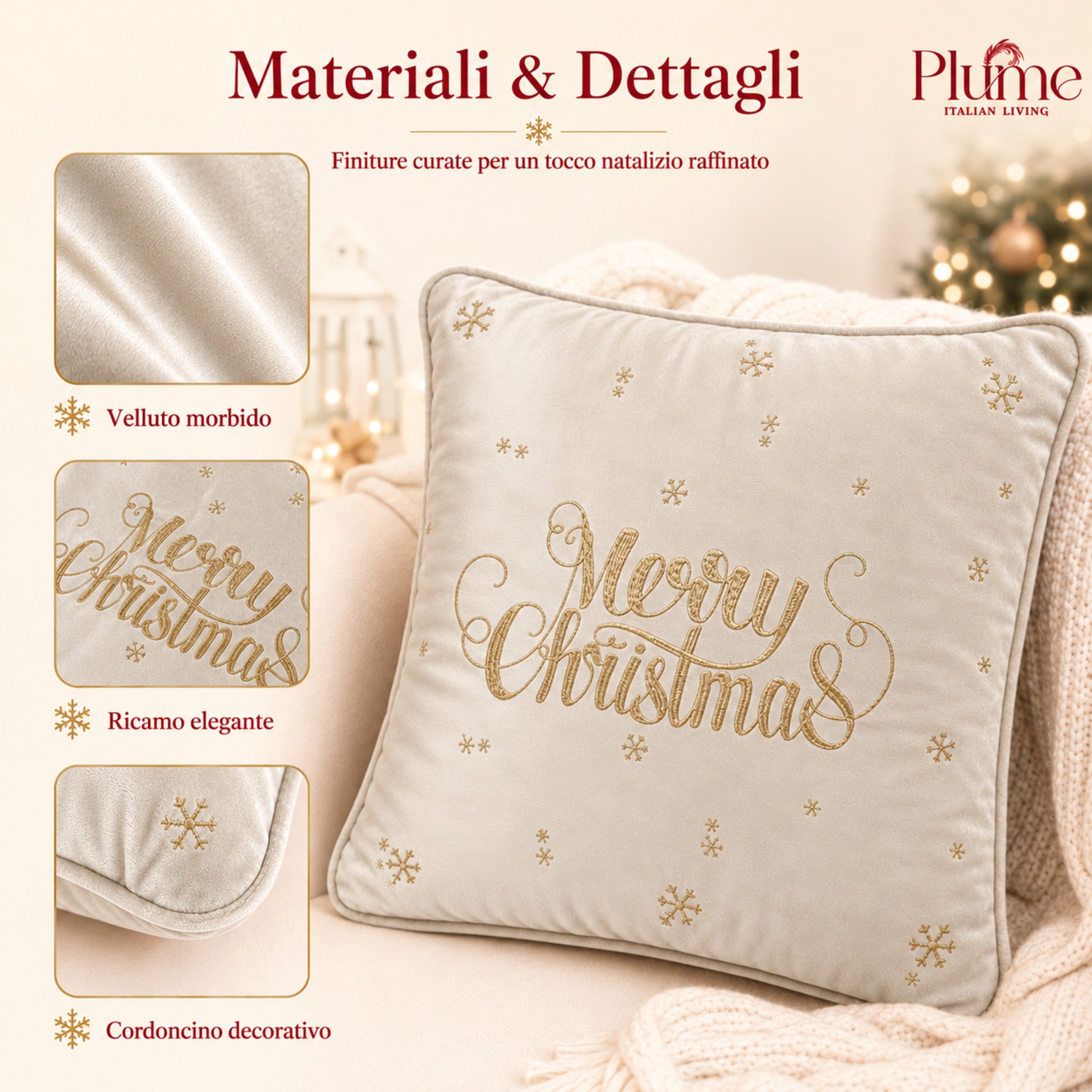 Dettagli del cuscino Merry Star avorio in velluto con scritta ricamata e cordoncino