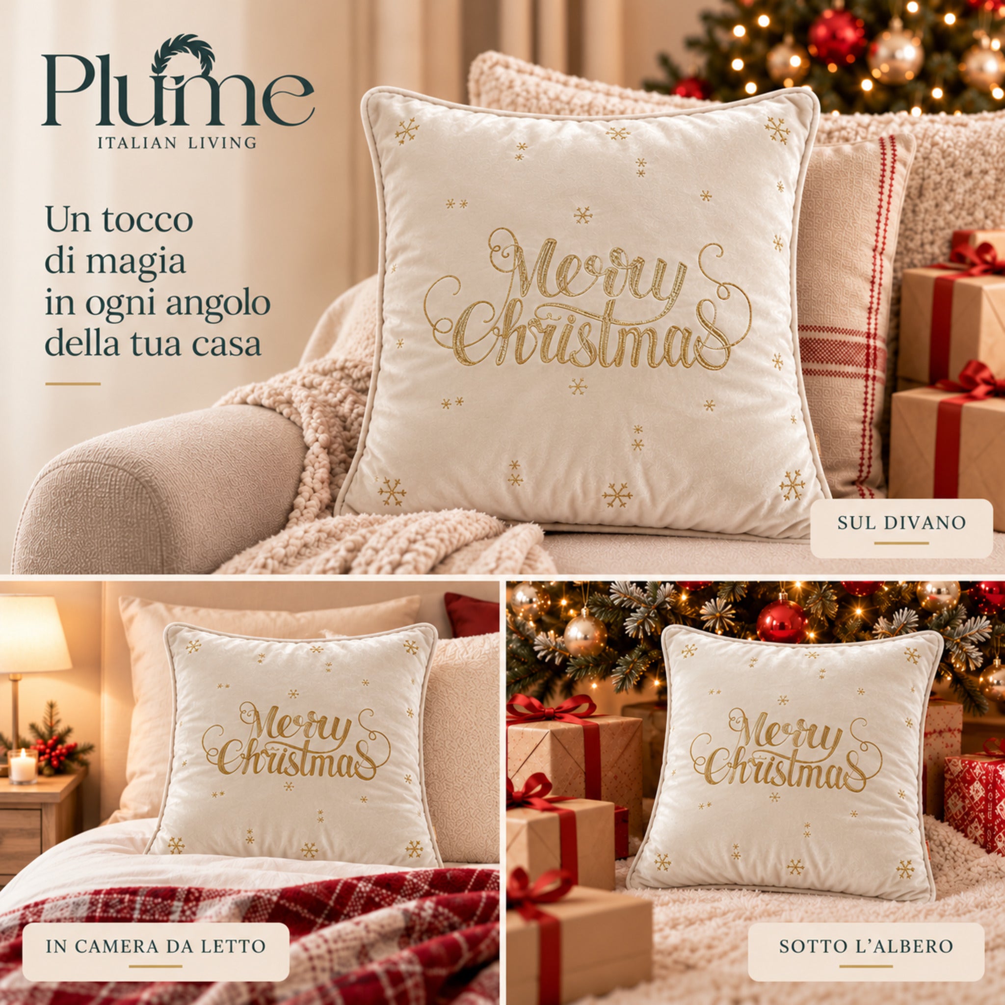 Cuscino Merry Star avorio utilizzato sul divano, sul letto e sotto l’albero di Natale