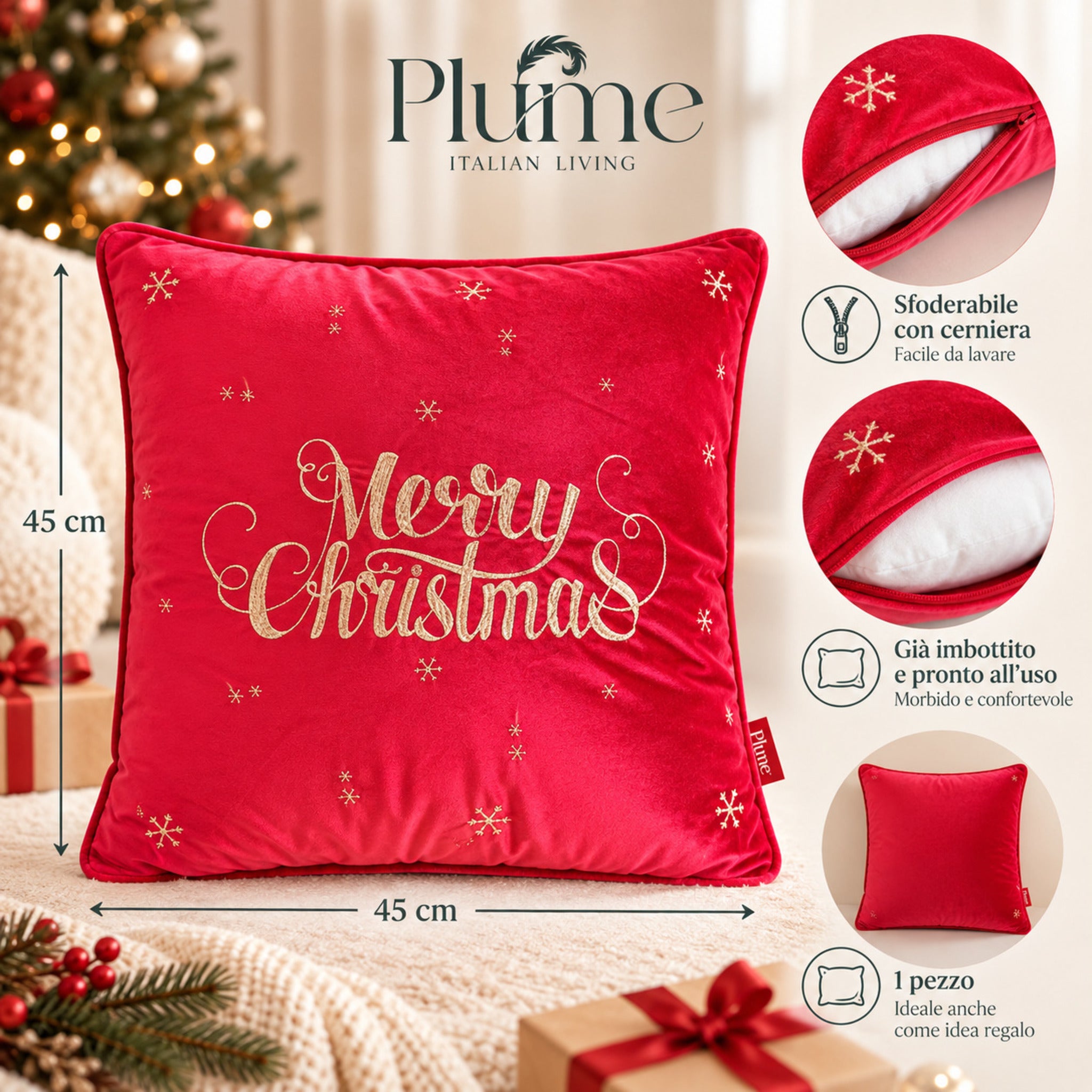 Cuscino natalizio Plume Merry Star rosso 45x45 cm sfoderabile e già imbottito