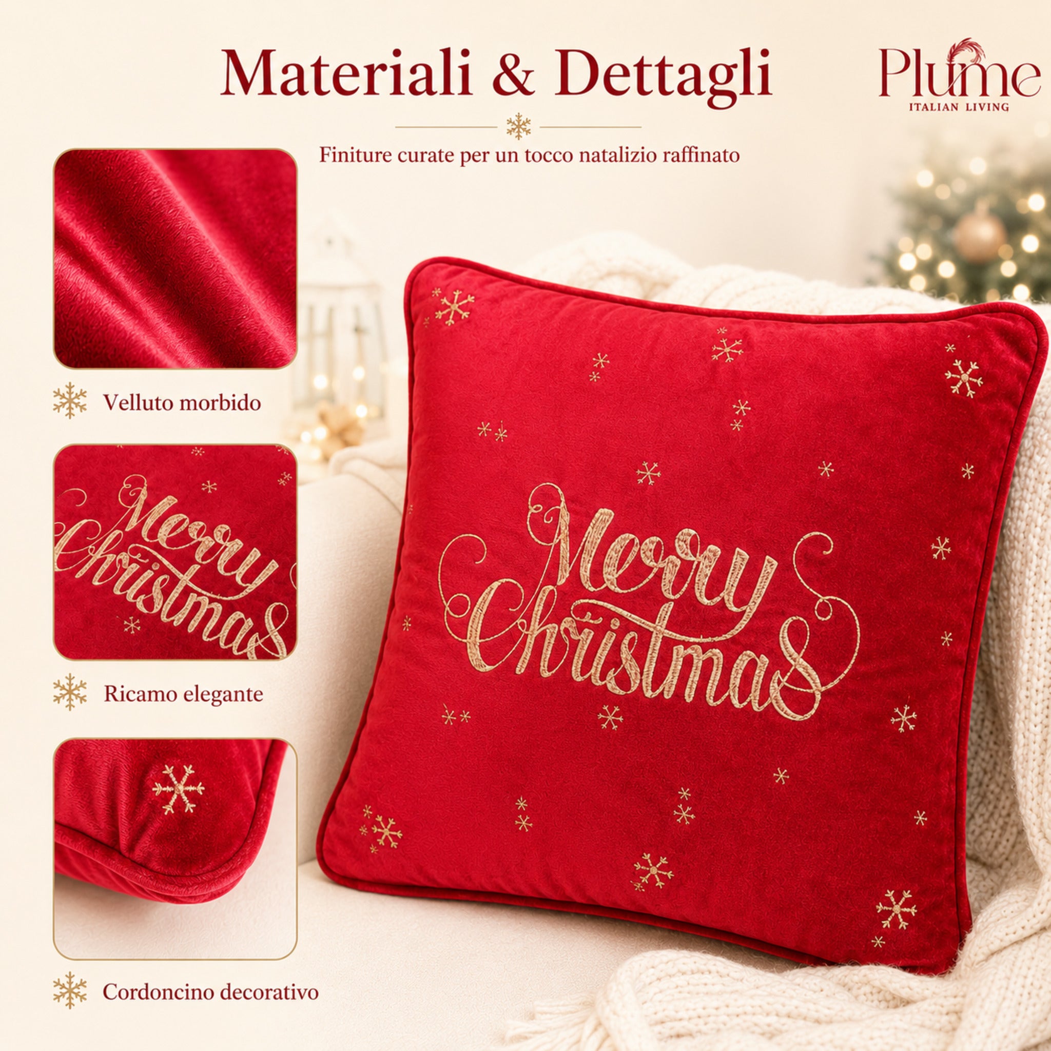 Dettagli del cuscino Merry Star rosso in velluto con scritta ricamata e cordoncino