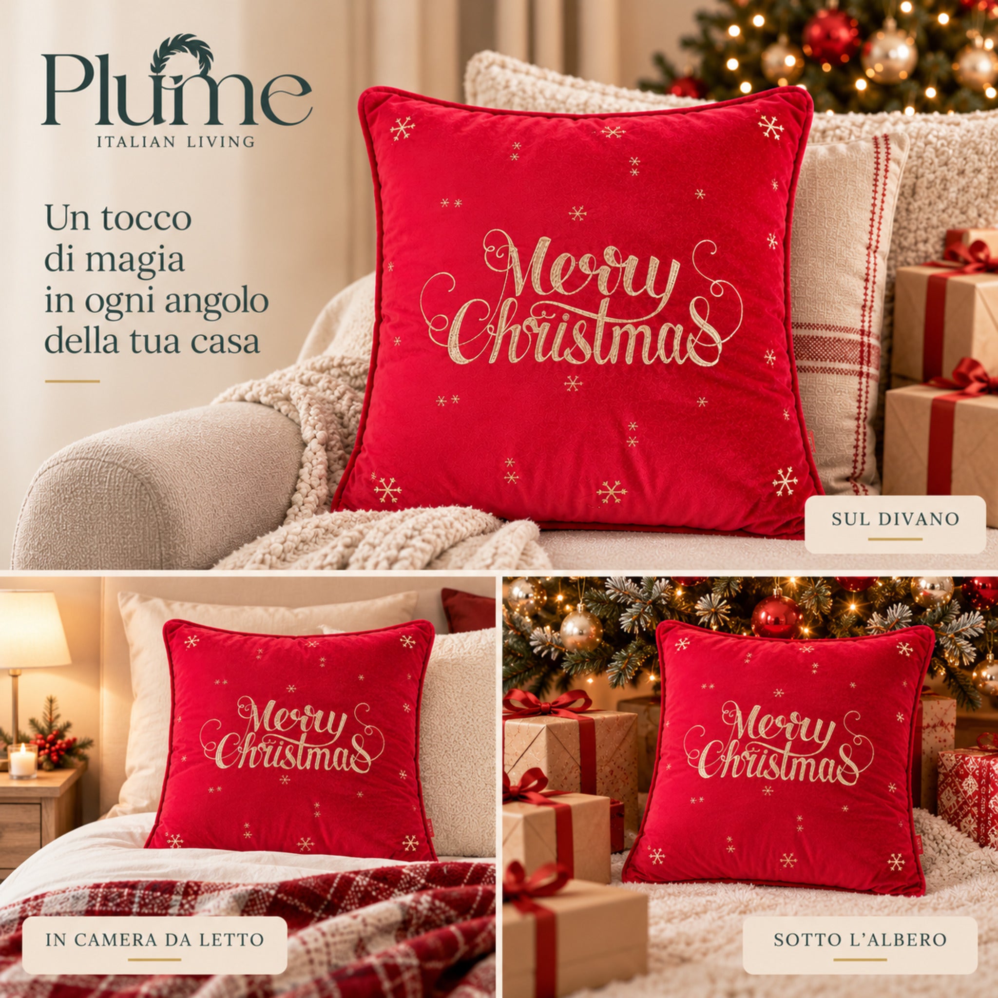 Cuscino Merry Star rosso utilizzato sul divano, sul letto e sotto l’albero di Natale