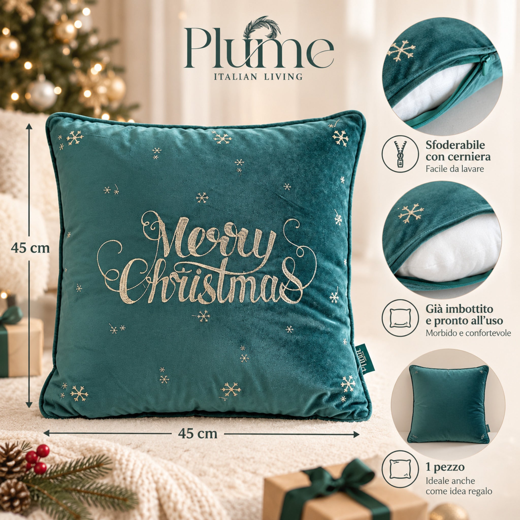 Cuscino natalizio Plume Merry Star verde 45x45 cm sfoderabile e già imbottito