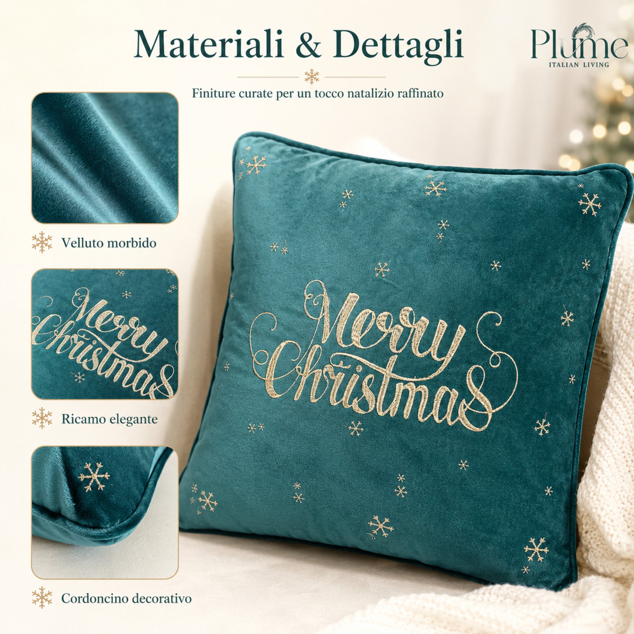 Dettagli del cuscino Merry Star verde in velluto con scritta ricamata e cordoncino