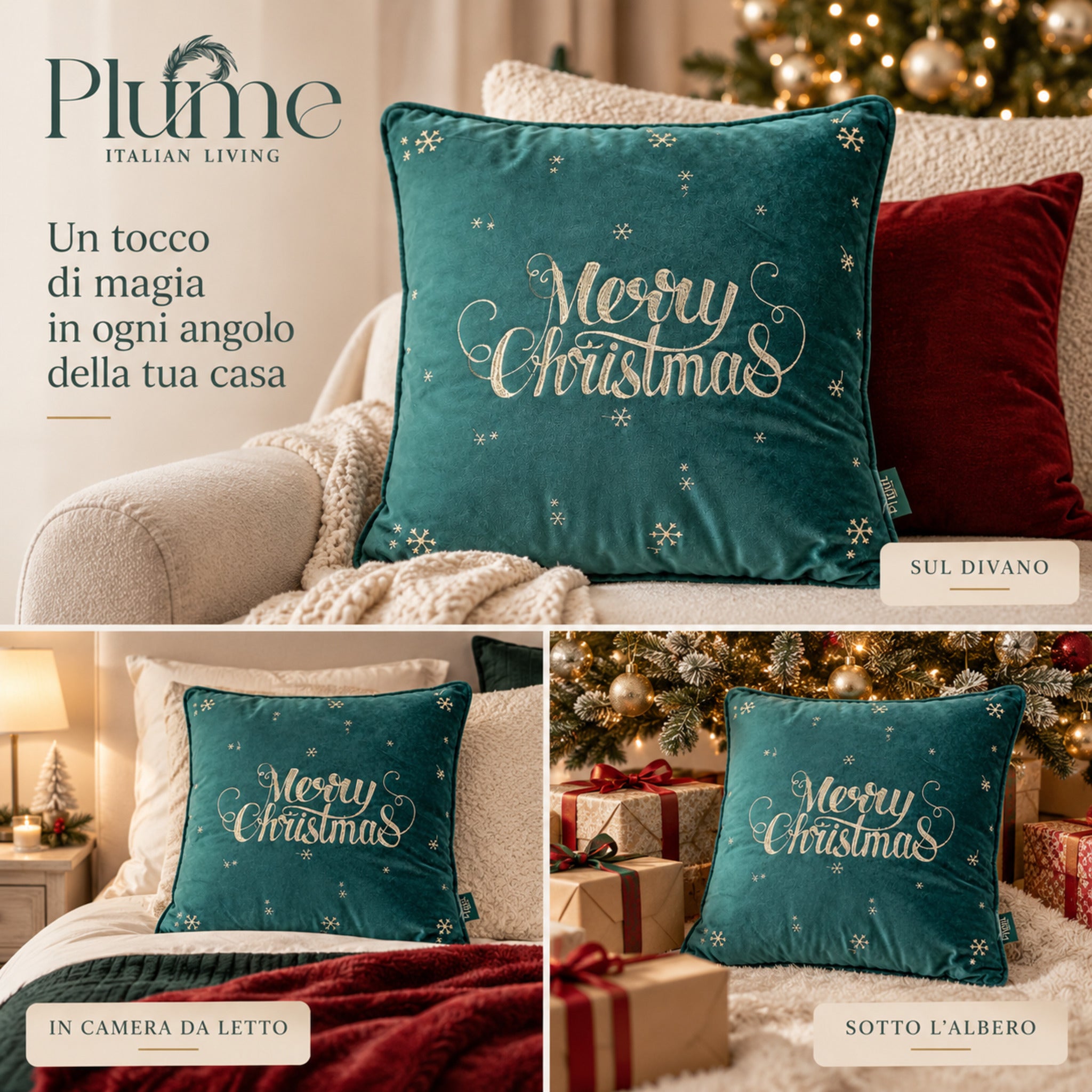 Cuscino Merry Star verde utilizzato sul divano, sul letto e sotto l’albero di Natale