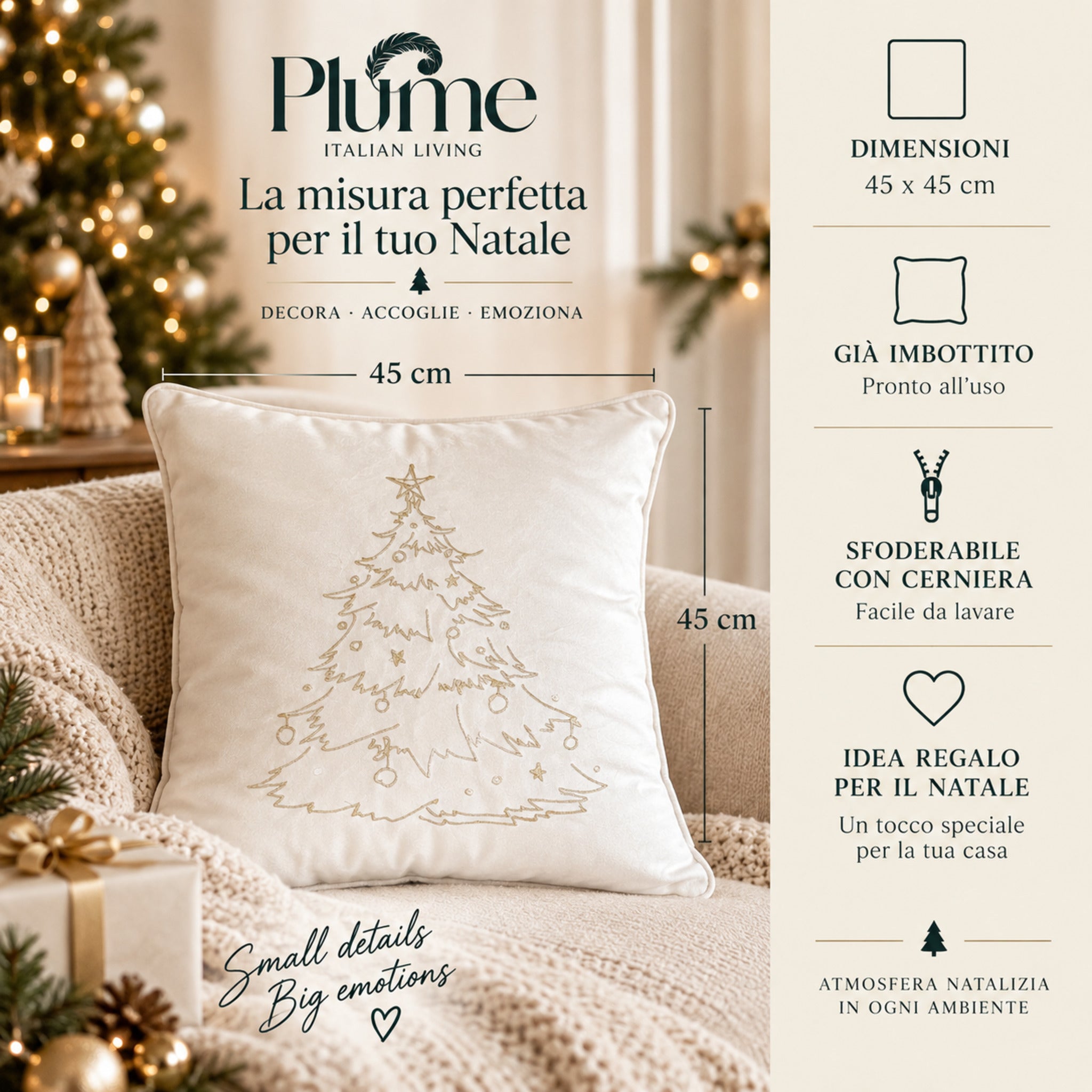Cuscino natalizio avorio Plume Xmas Tree 45x45 cm già imbottito e sfoderabile