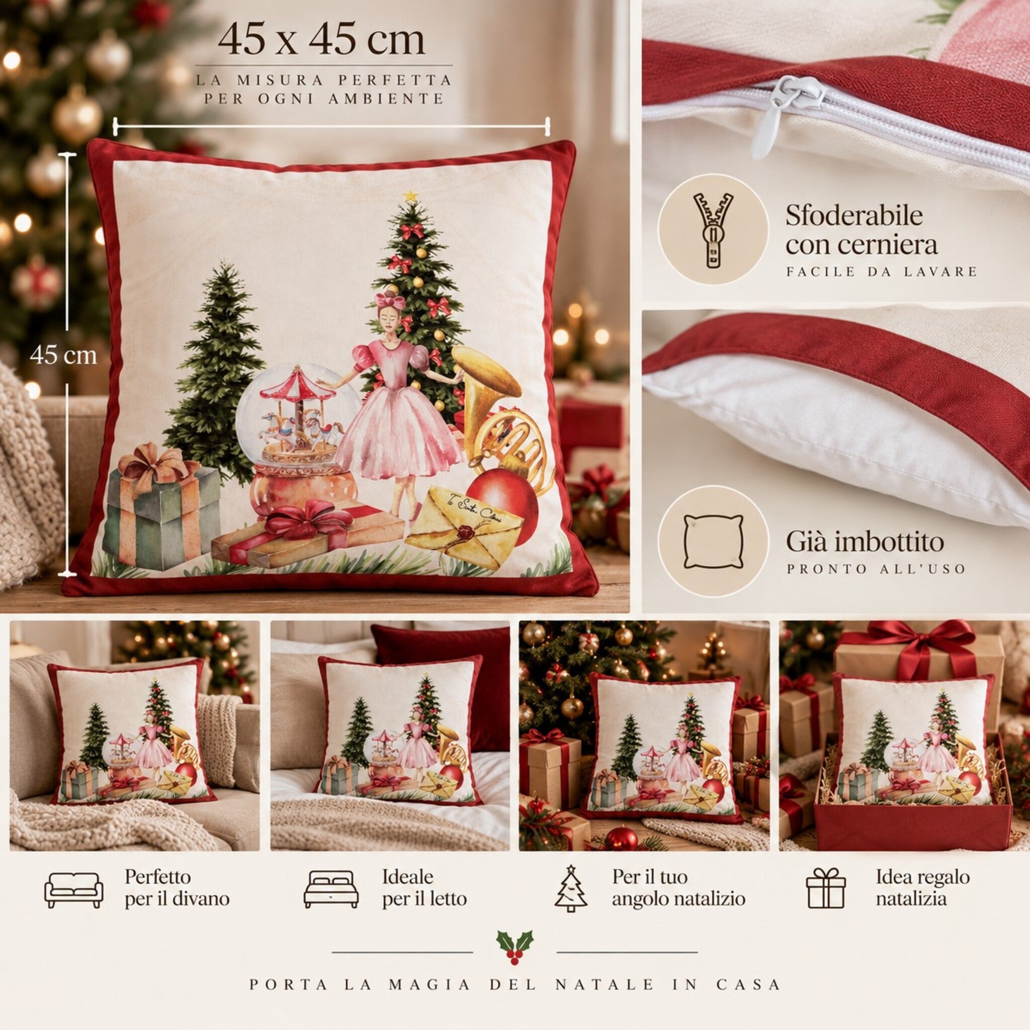 Cuscino natalizio Plume 45x45 cm imbottito e sfoderabile con cerniera