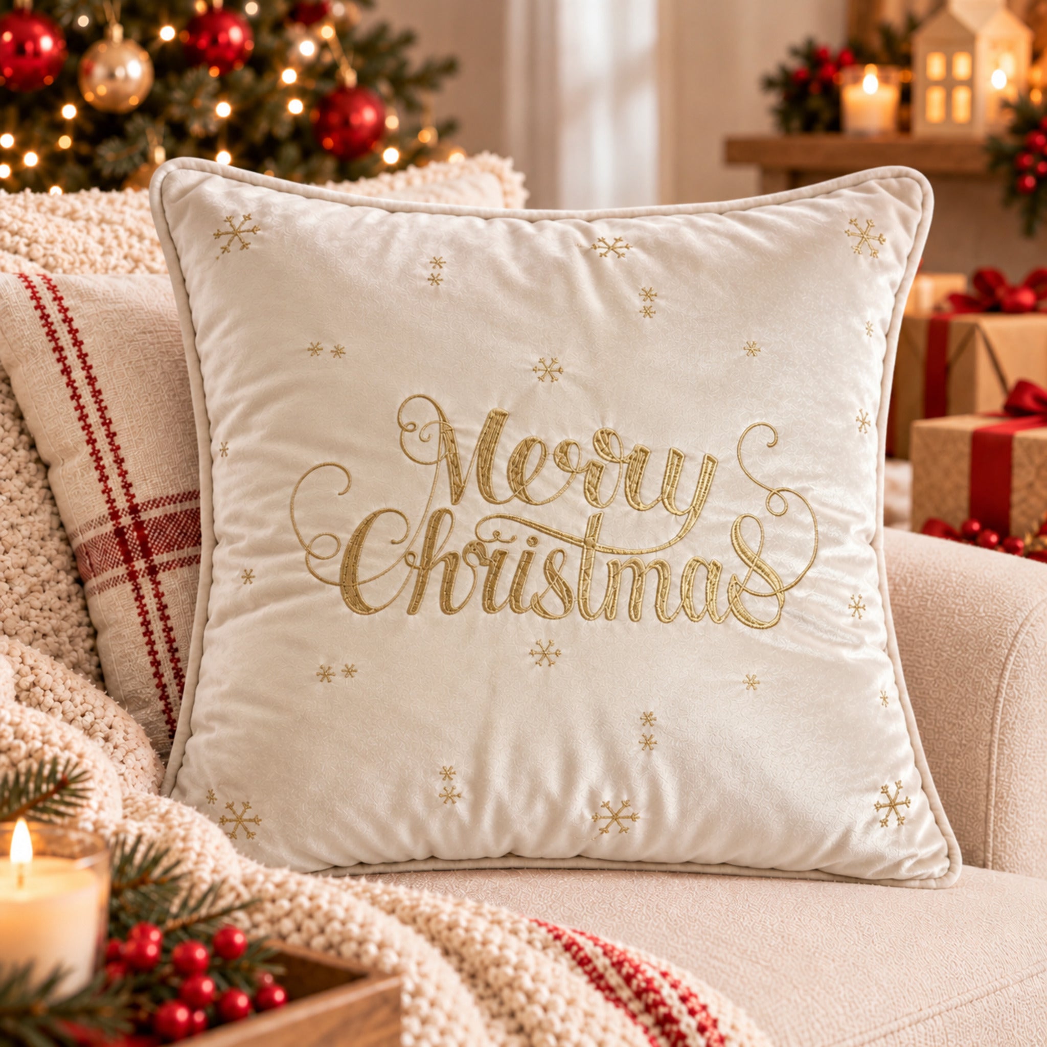 Cuscino natalizio Plume Merry Star avorio 45x45 cm in velluto ricamato sul divano
