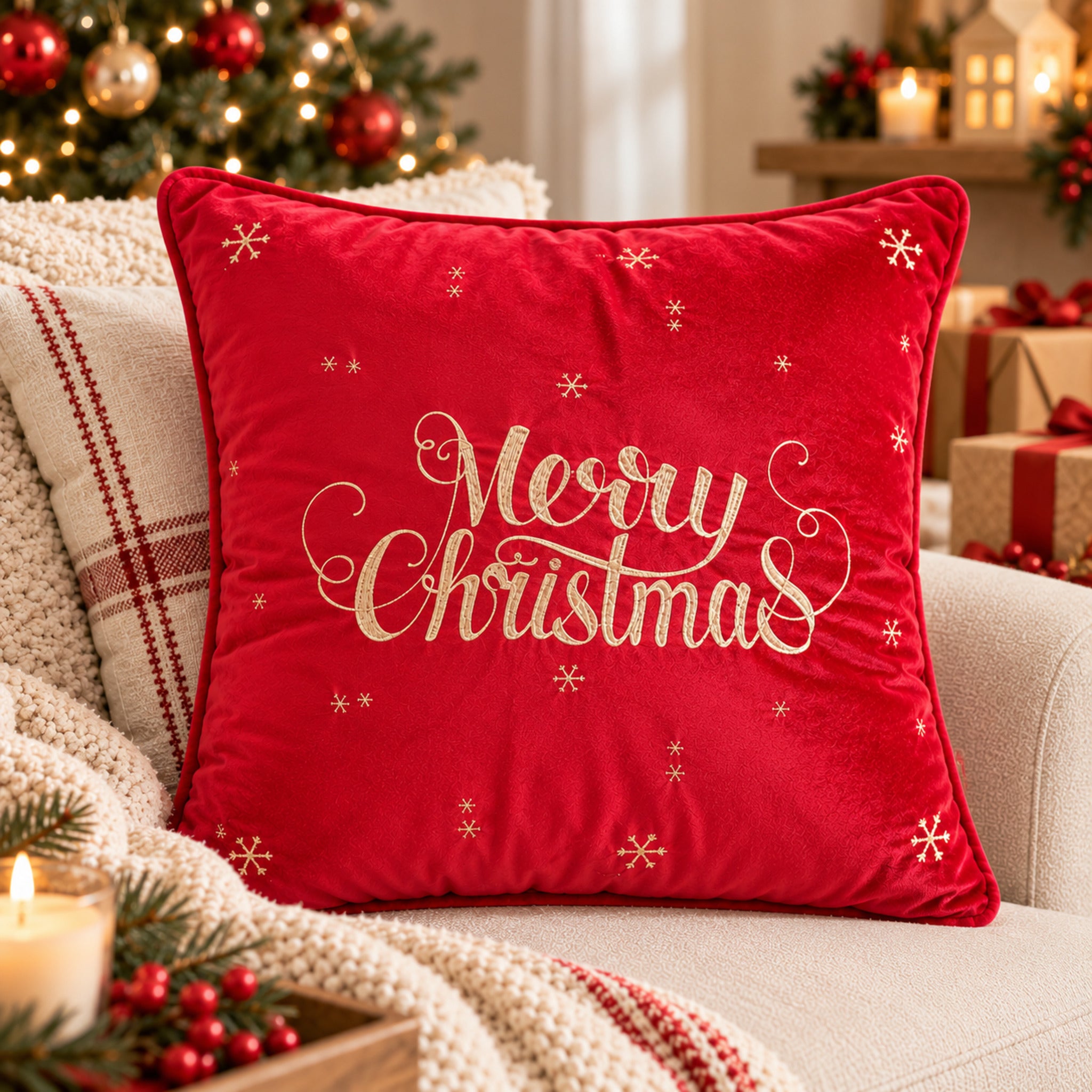 Cuscino natalizio Plume Merry Star rosso 45x45 cm in velluto ricamato sul divano
