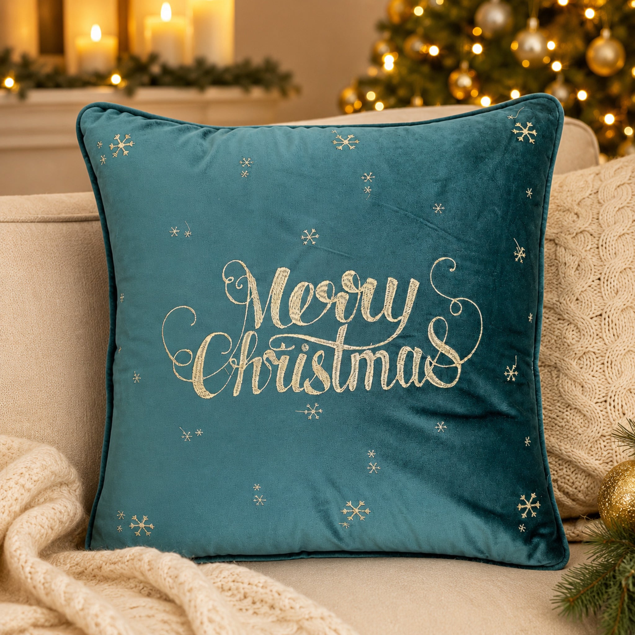 Cuscino natalizio Plume Merry Star verde 45x45 cm in velluto ricamato sul divano