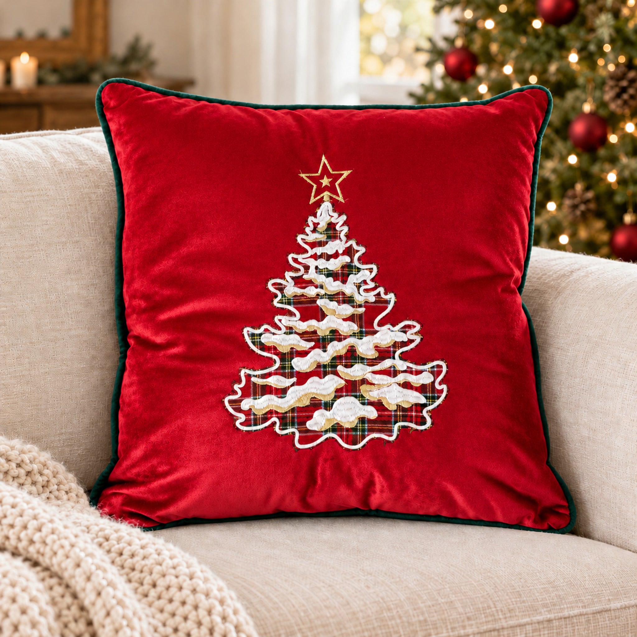 Cuscino Plume Snowtree rosso su divano chiaro, con albero tartan, dettagli bianchi effetto neve e cordoncino verde.