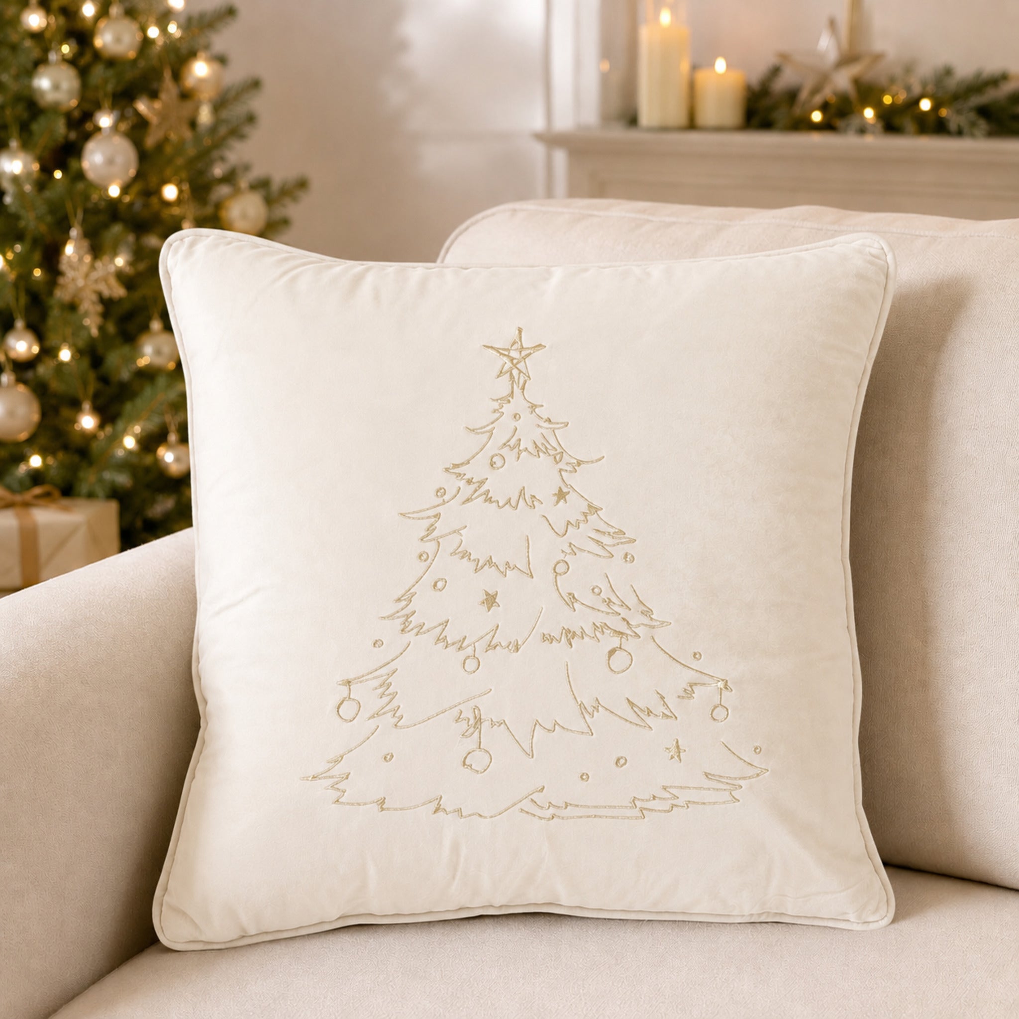 Cuscino natalizio Plume Xmas Tree avorio 45x45 cm in velluto ricamato sul divano