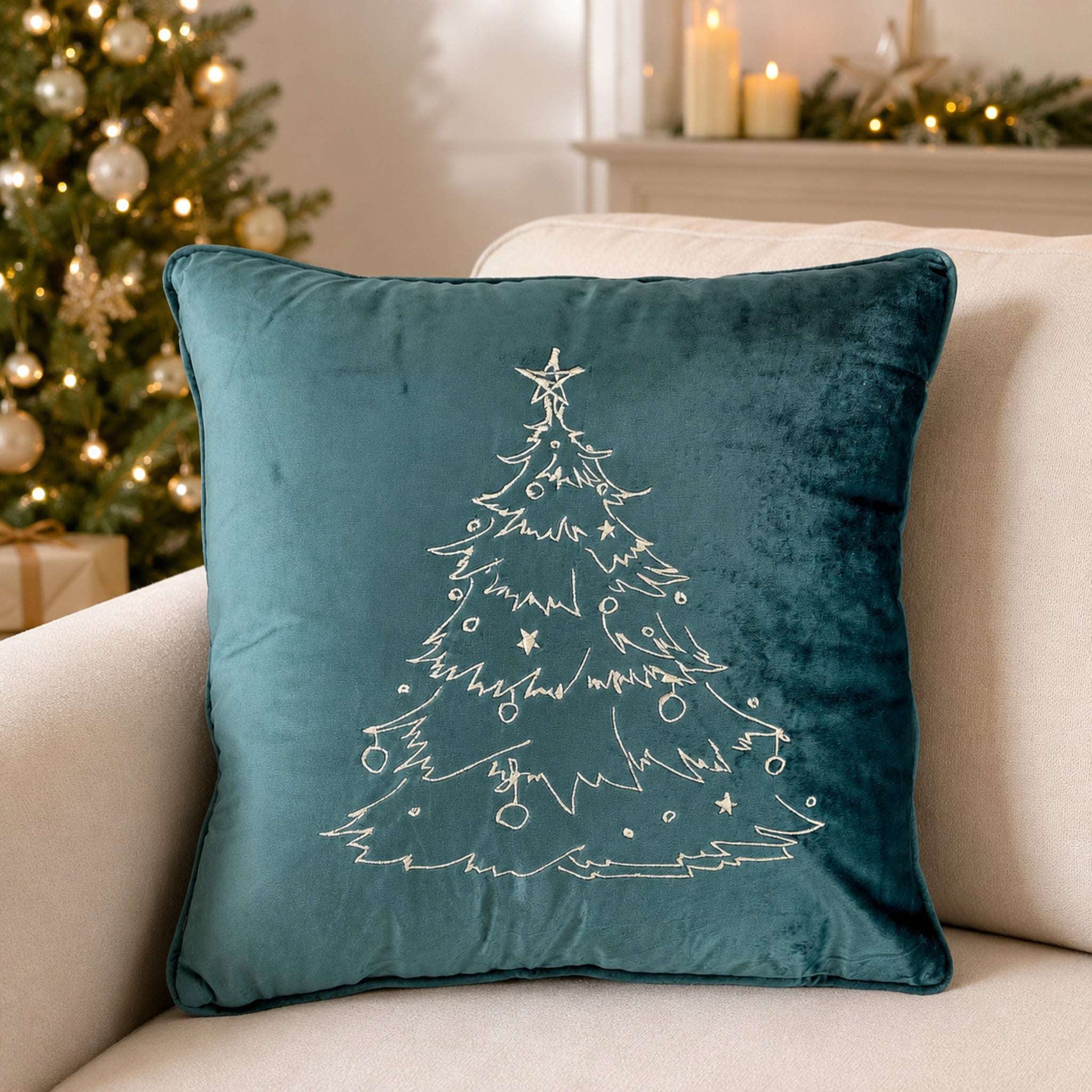 Cuscino natalizio Plume Xmas Tree verde 45x45 cm in velluto ricamato sul divano