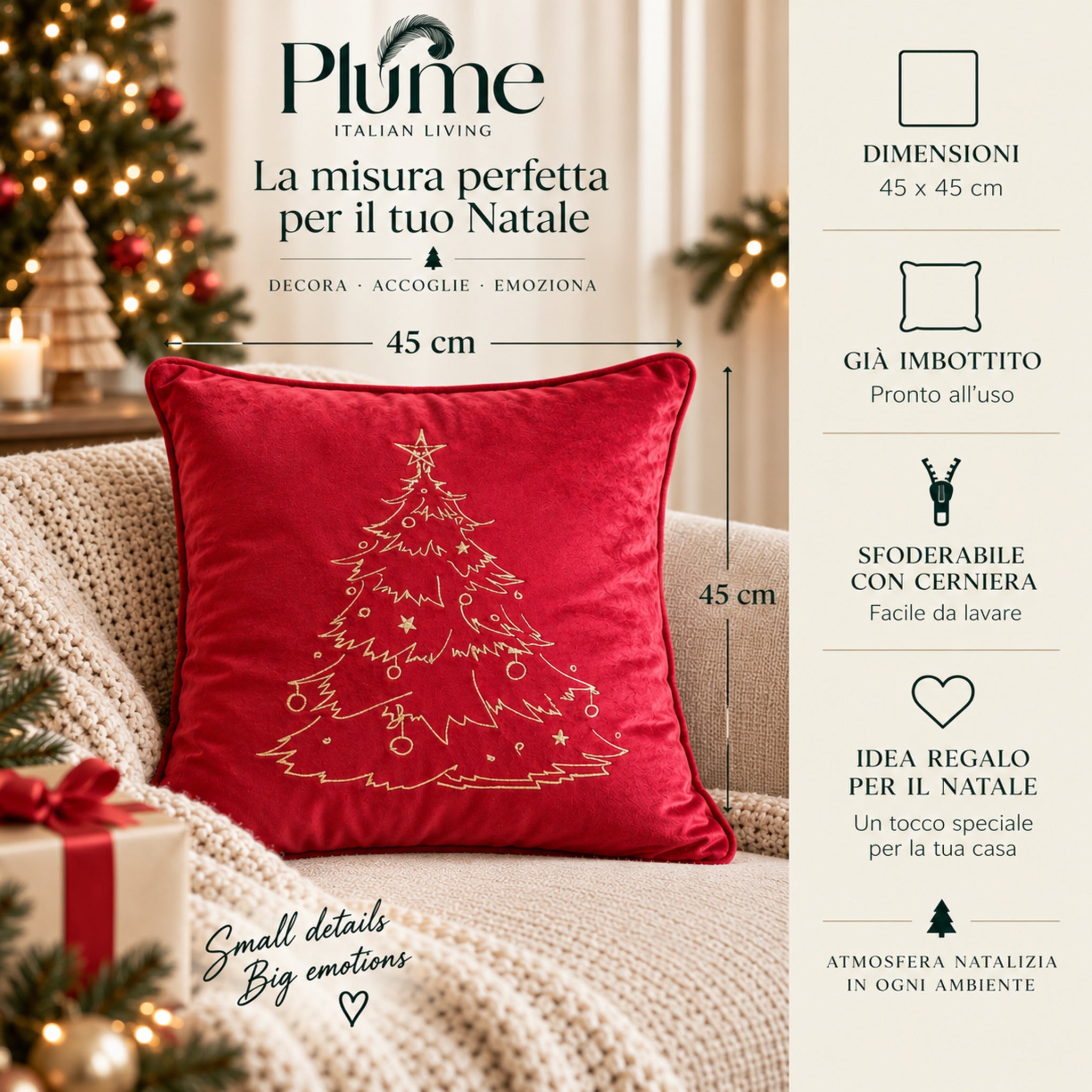 Cuscino natalizio rosso Plume Xmas Tree 45x45 cm già imbottito e sfoderabile
