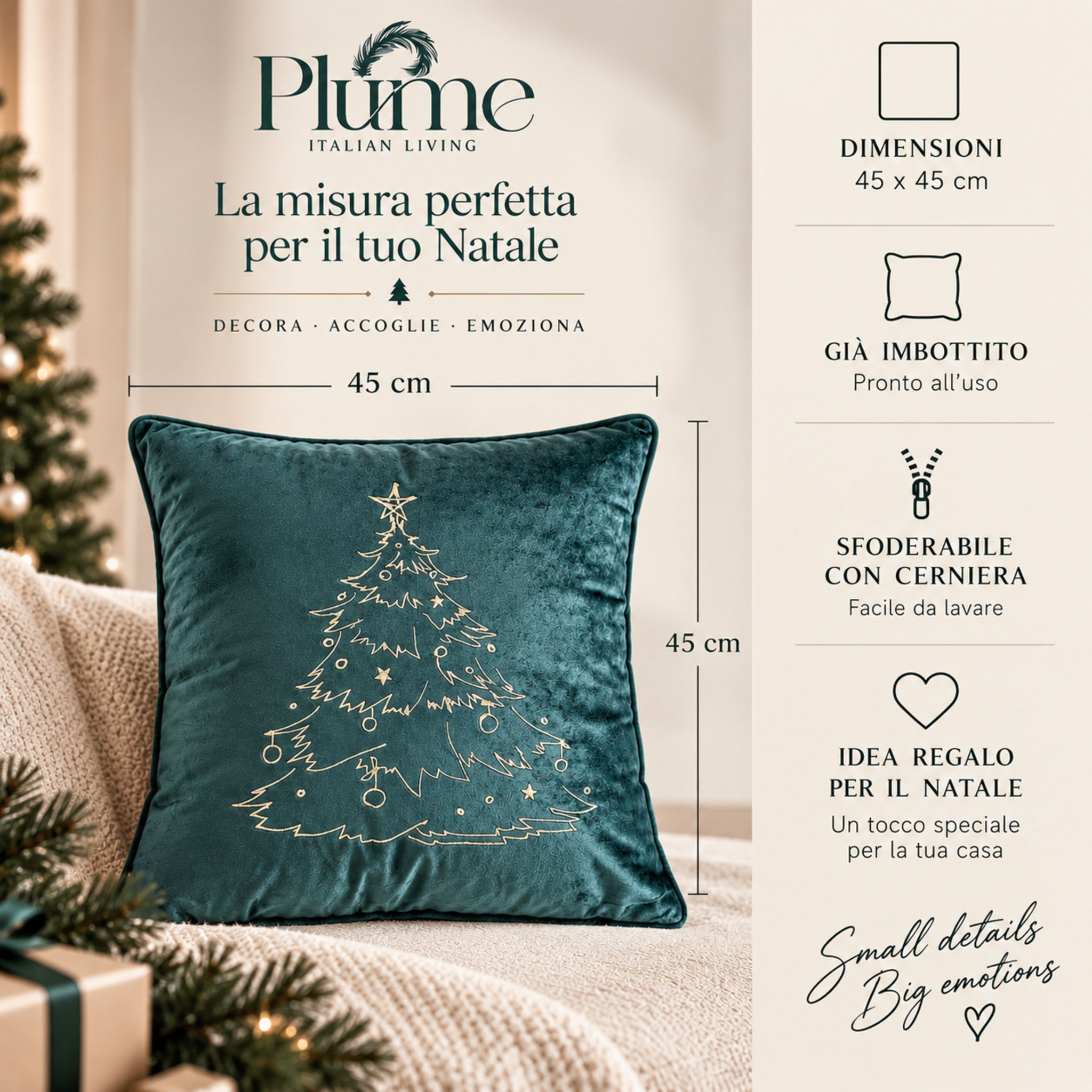 Cuscino natalizio verde Plume Xmas Tree 45x45 cm già imbottito e sfoderabile