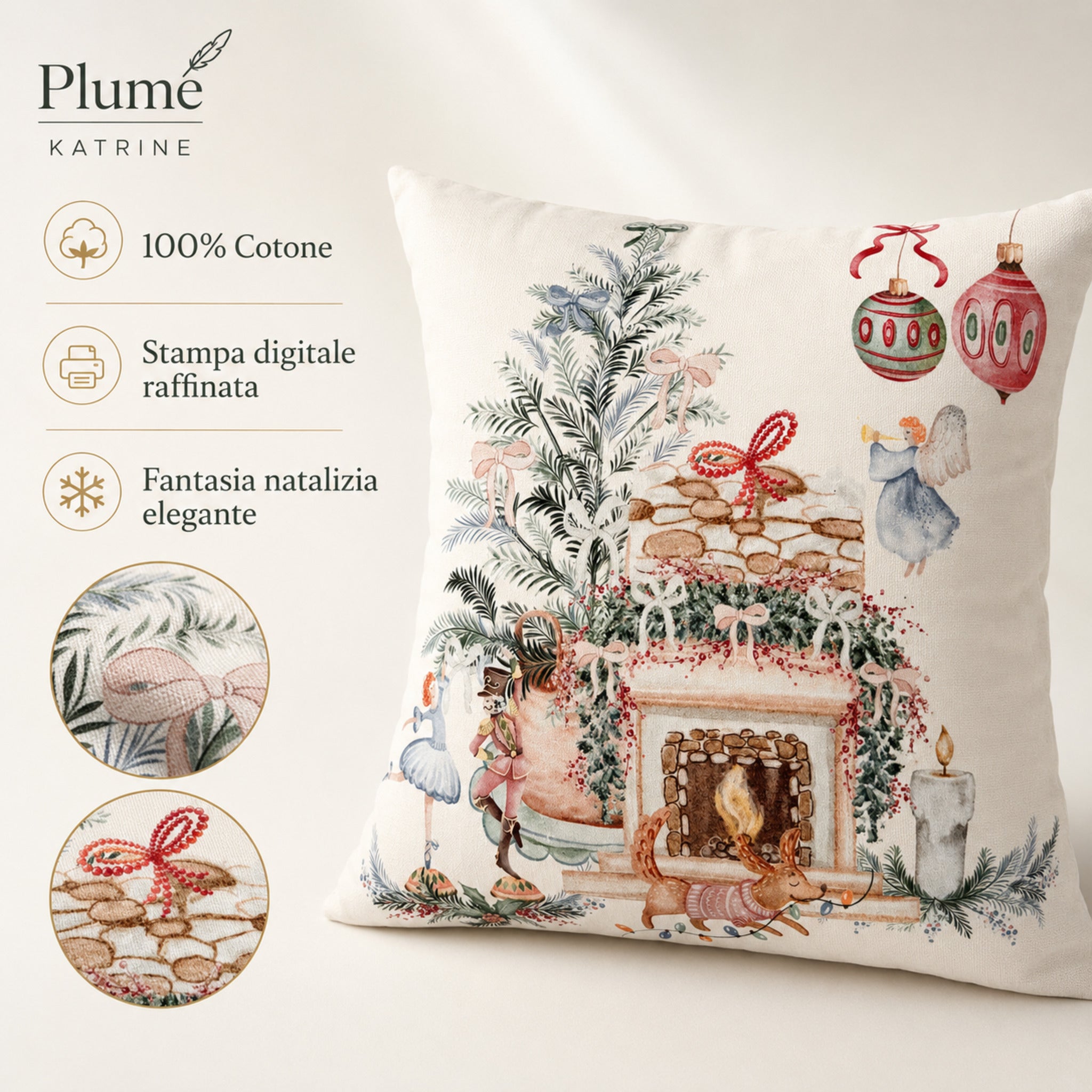 Cuscino Plume Katrine in 100% cotone con raffinata stampa digitale natalizia