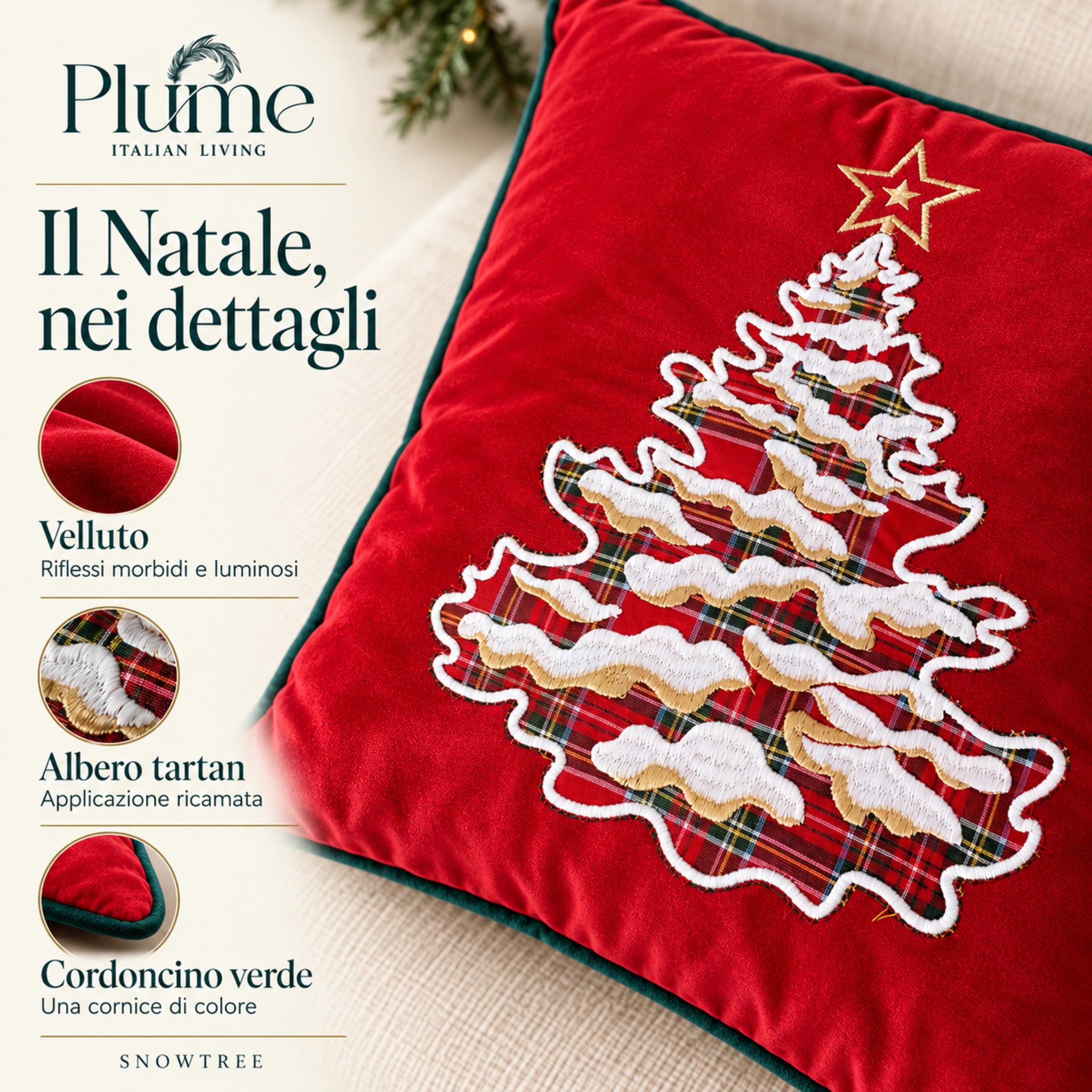 Infografica del cuscino Snowtree rosso con dettaglio dell’albero tartan ricamato, velluto e cordoncino verde a contrasto.