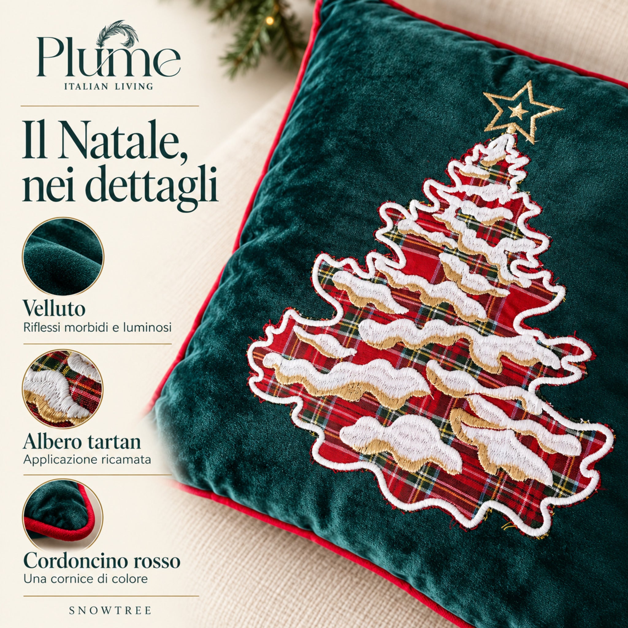 Infografica del cuscino Snowtree verde con primo piano dell’applicazione ricamata, dettagli bianchi e bordo rosso.