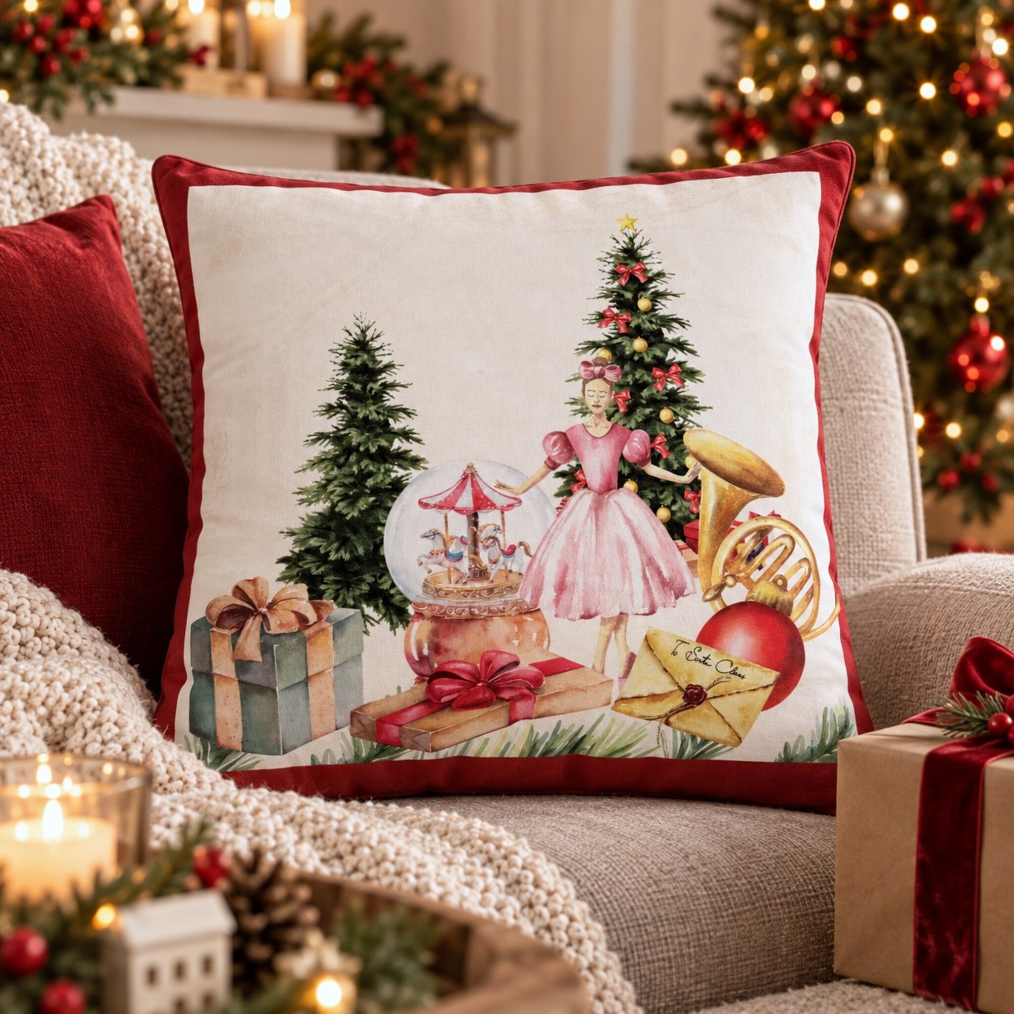Cuscino natalizio Plume Sogno di Natale 45x45 cm ambientato sul divano
