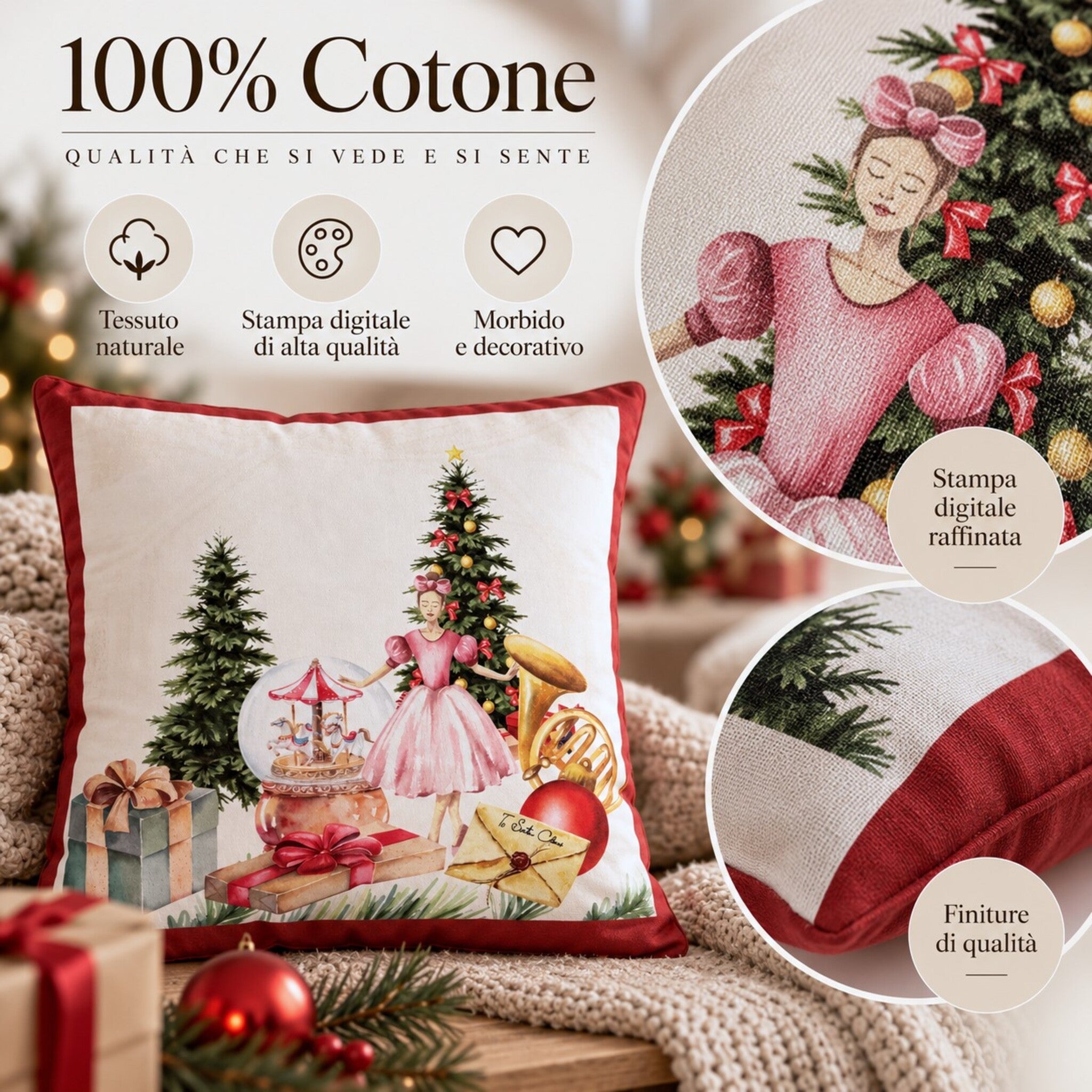Cuscino Plume Sogno di Natale in cotone con stampa digitale e bordo rosso