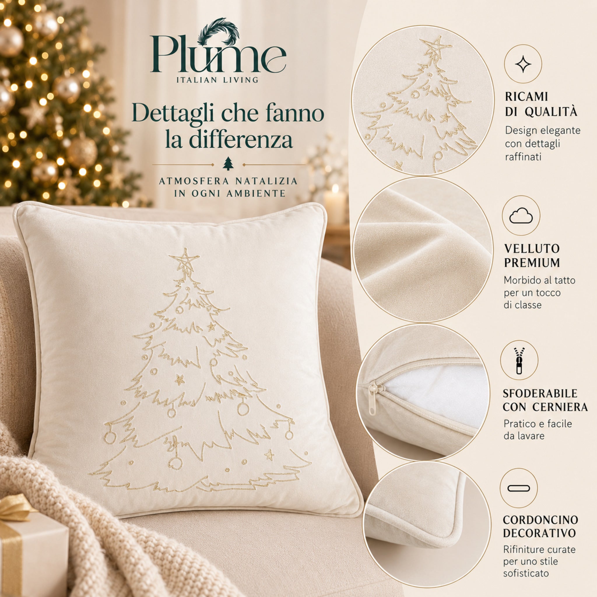 Dettagli del cuscino Plume Xmas Tree avorio con ricamo, cerniera e cordoncino