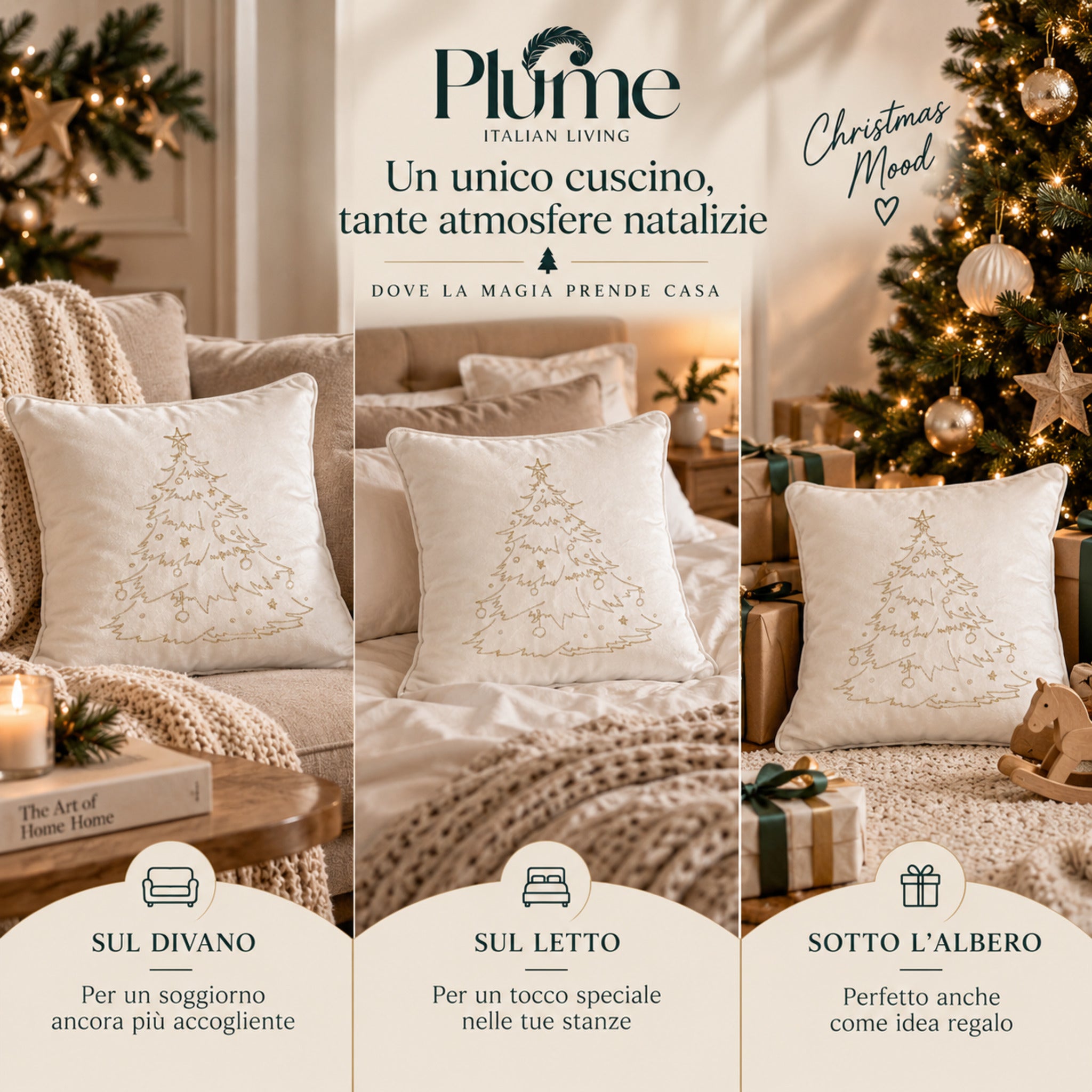Cuscino Xmas Tree avorio utilizzato sul divano, sul letto e sotto l’albero di Natale