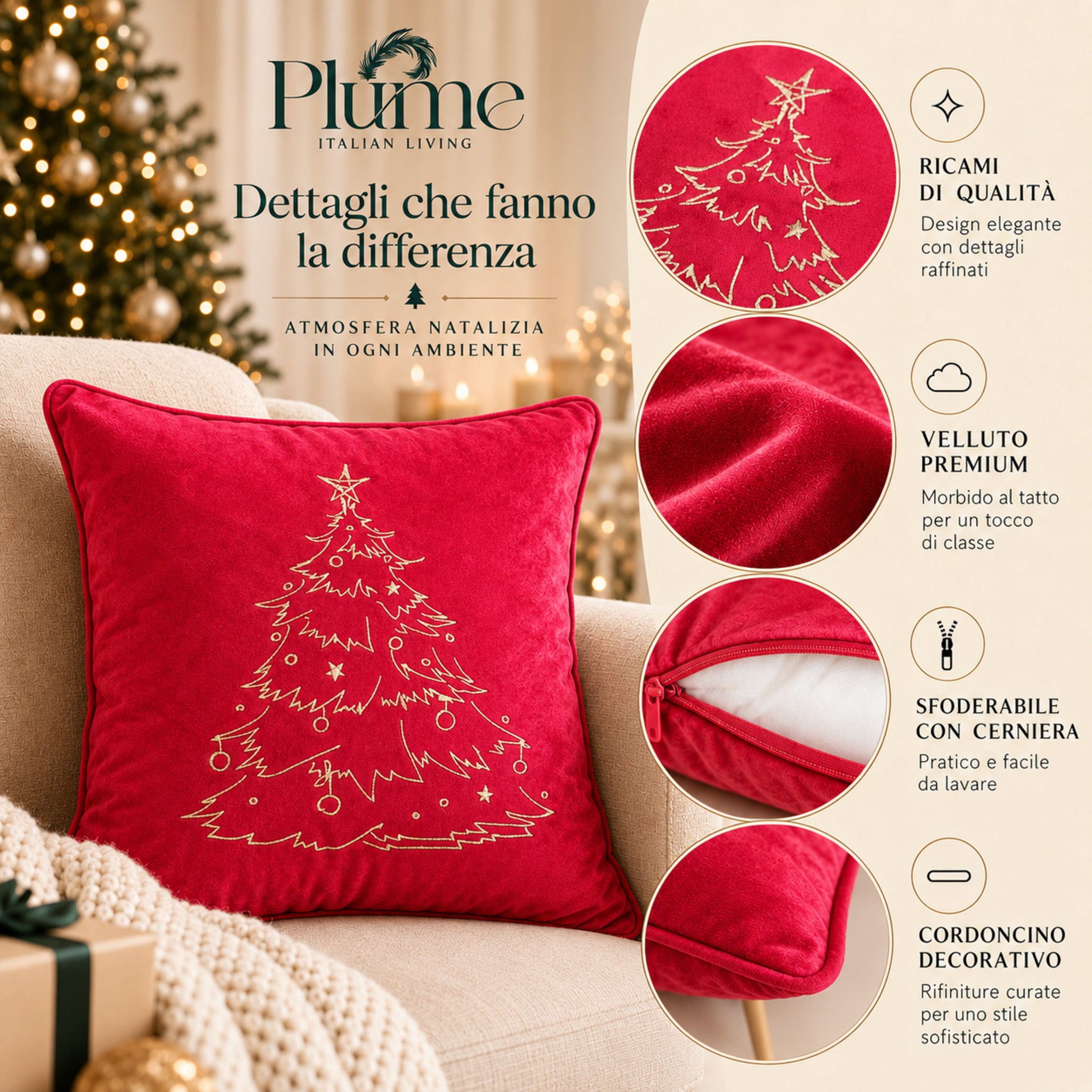 Dettagli del cuscino Plume Xmas Tree rosso con ricamo, cerniera e cordoncino