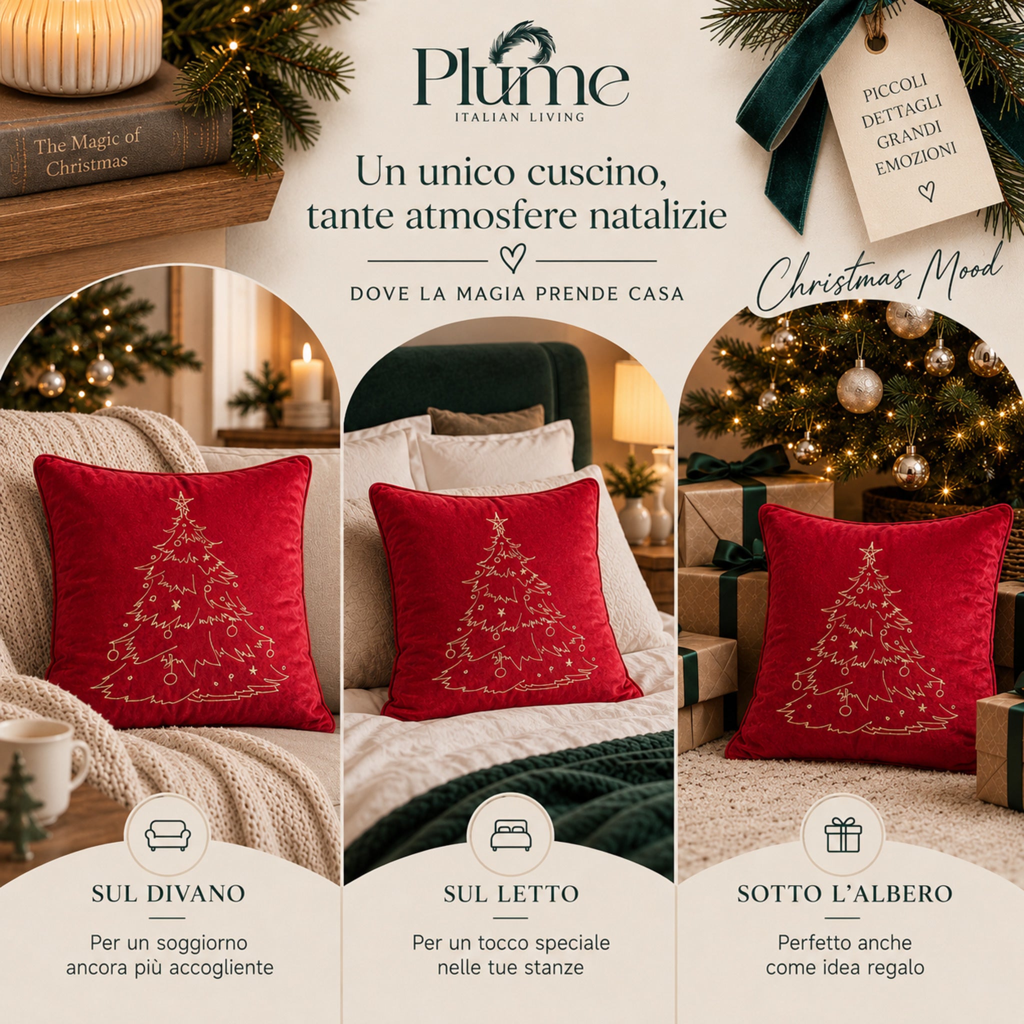 Cuscino Xmas Tree rosso utilizzato sul divano, sul letto e sotto l’albero di Natale