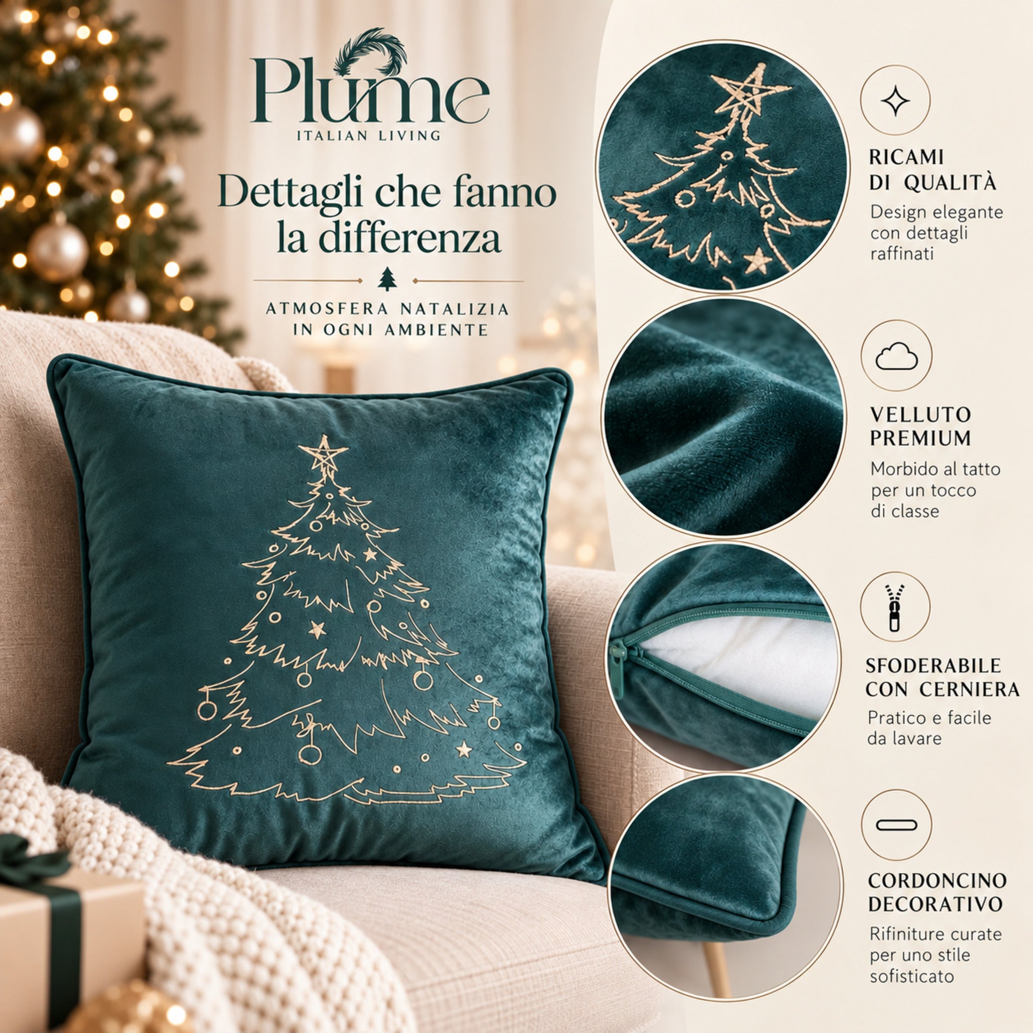 Dettagli del cuscino Plume Xmas Tree verde con ricamo, cerniera e cordoncino