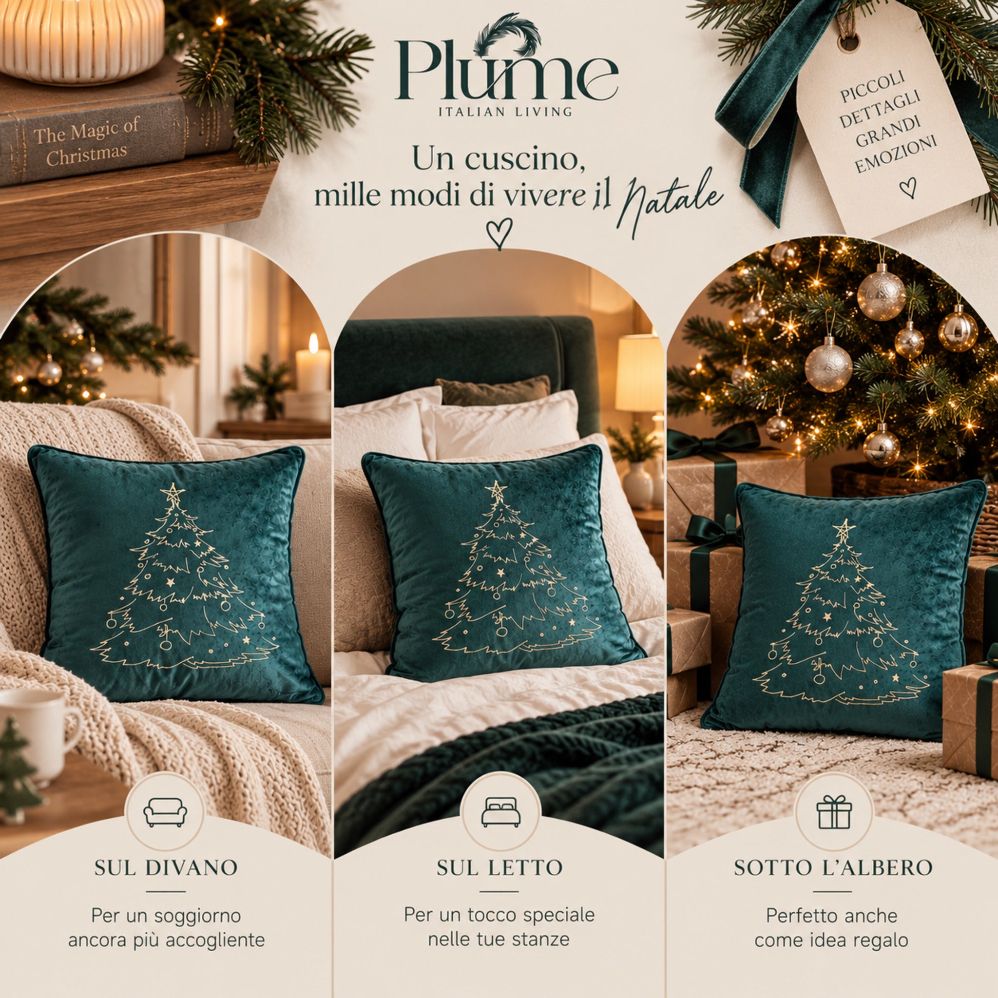 Cuscino Xmas Tree verde utilizzato sul divano, sul letto e sotto l’albero di Natale