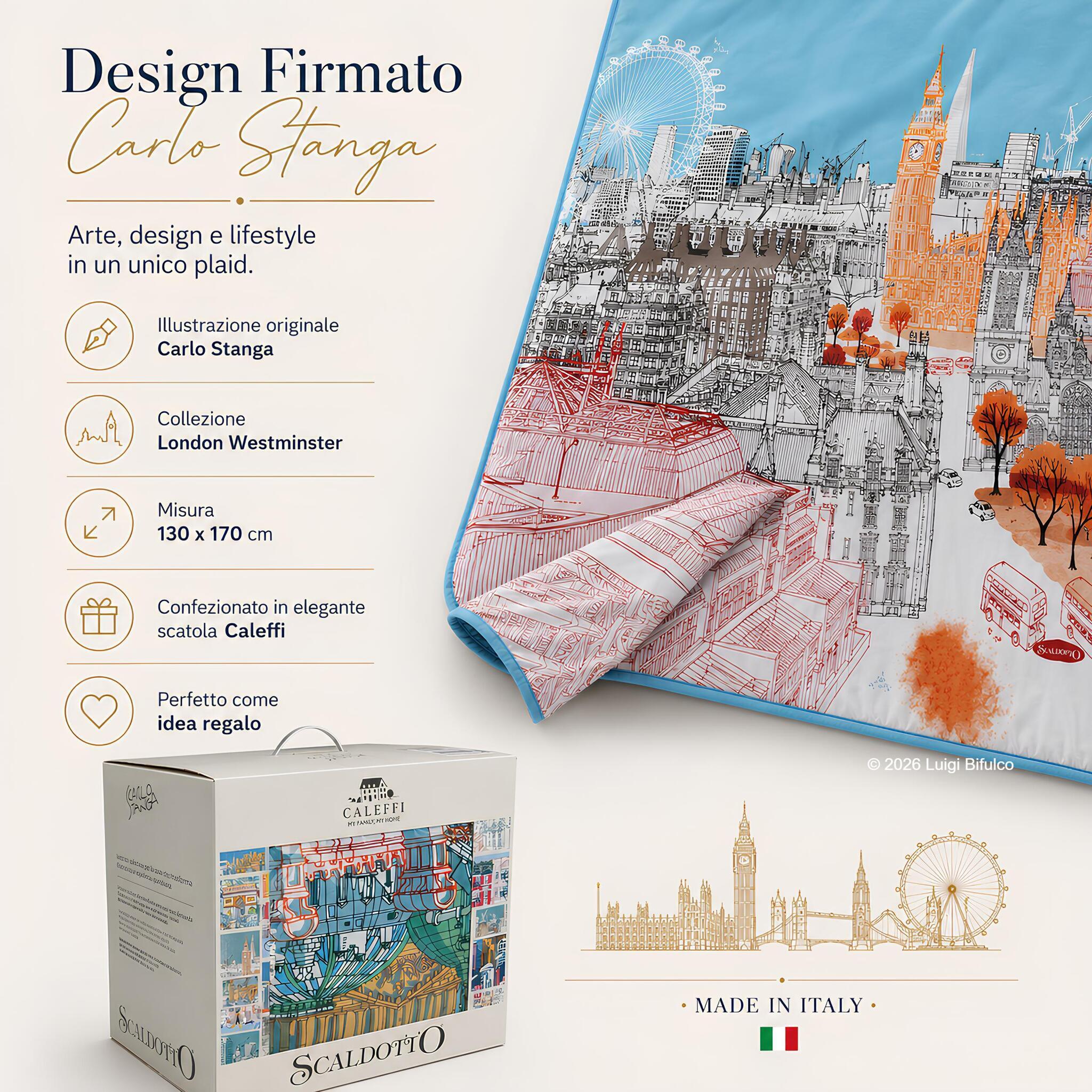 Infografica dello Scaldotto Caleffi London Westminster con design originale firmato Carlo Stanga e confezione regalo