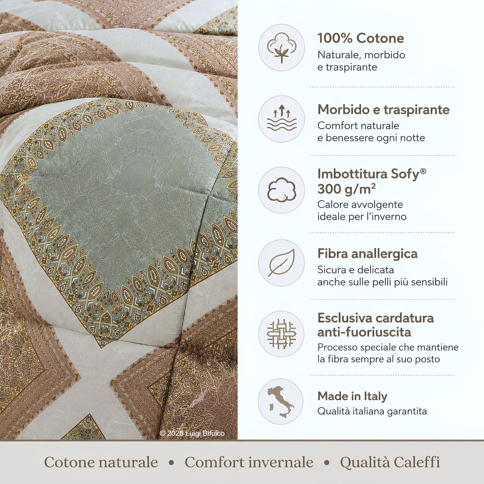 Infografica trapunta Caleffi Mira in 100% cotone con imbottitura Sofy 300 g/m² e cardatura anti-fuoriuscita
