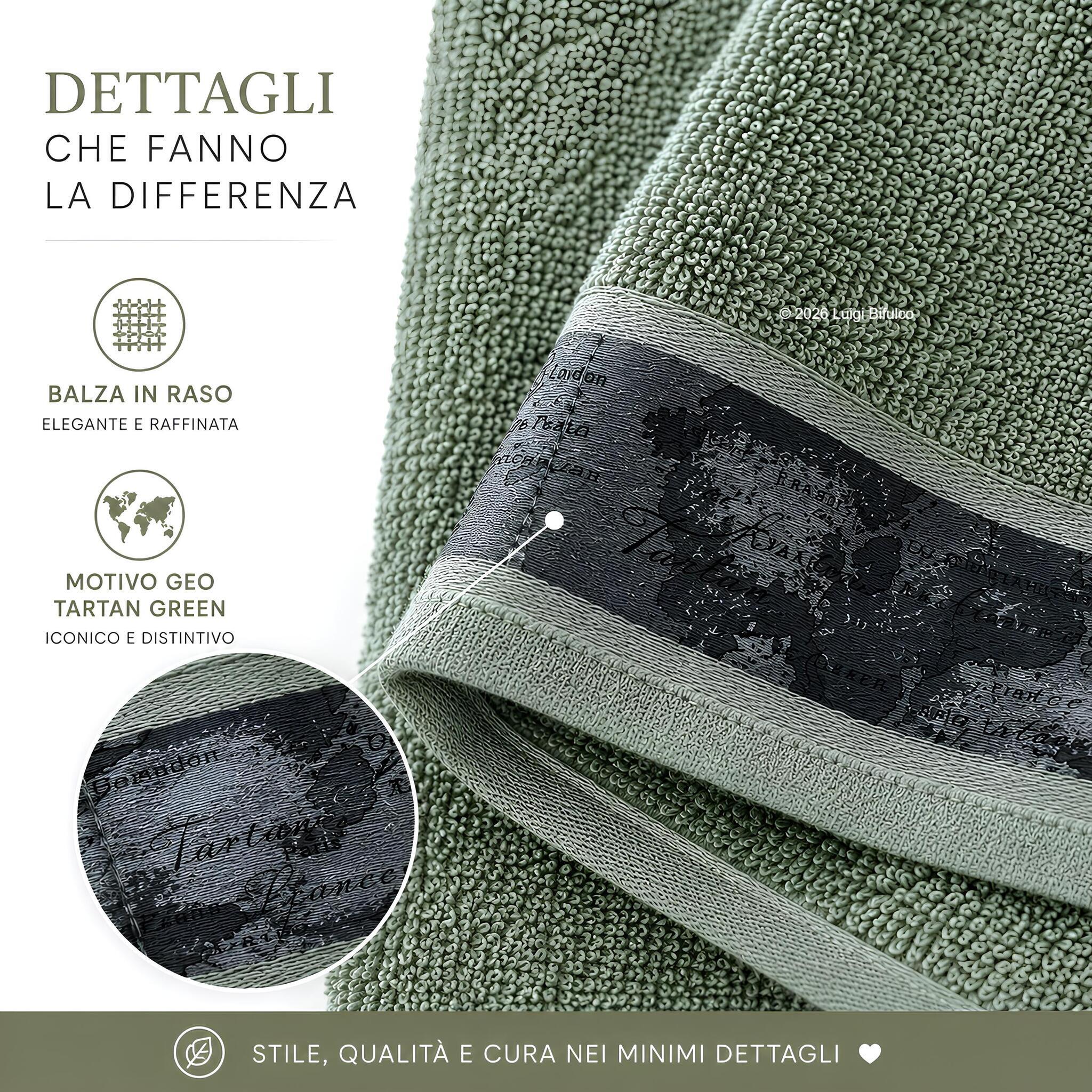 Dettaglio della balza in raso con motivo Geo Tartan Green delle lavette Caleffi