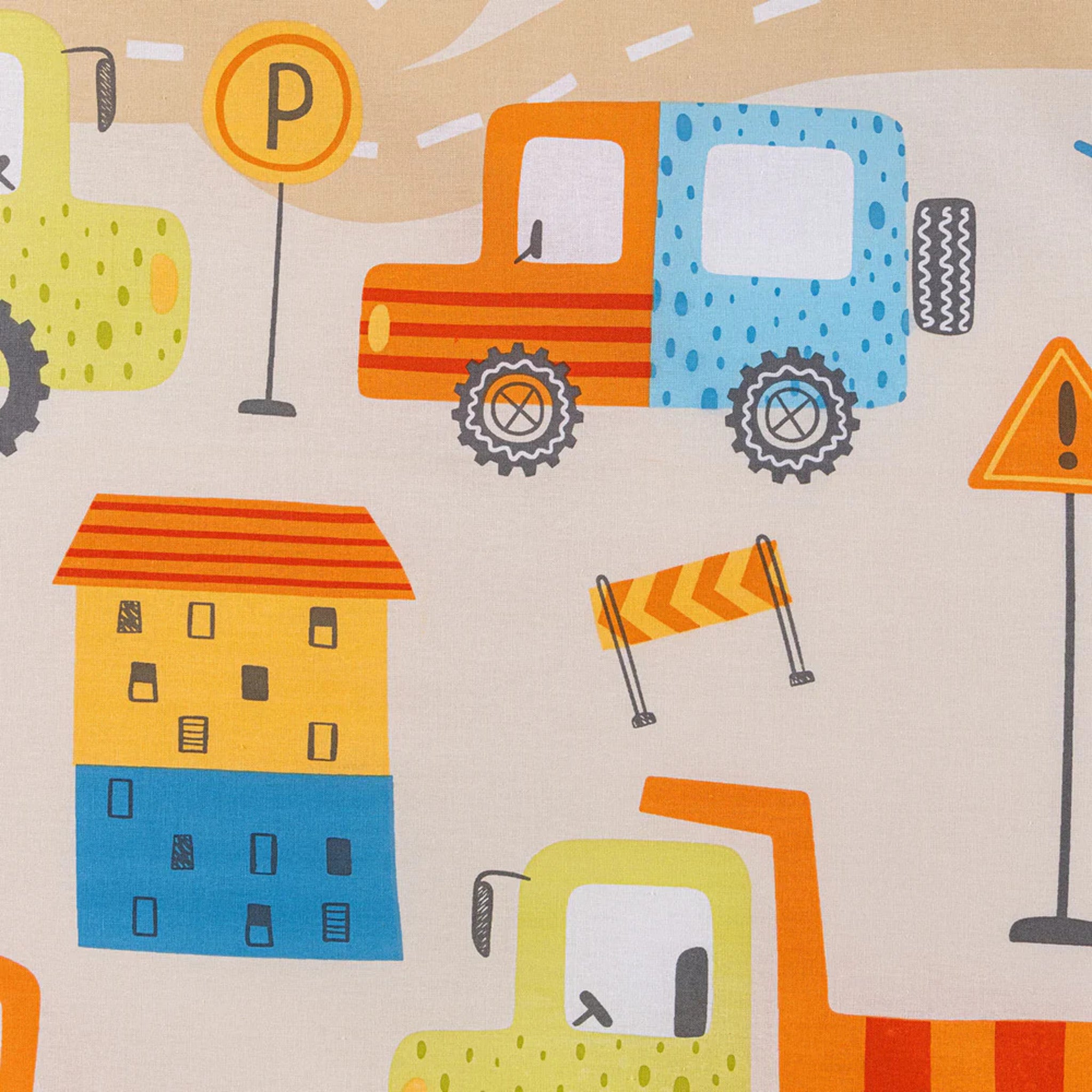 Dettaglio fantasia City Car beige con camion, strade e segnali stradali