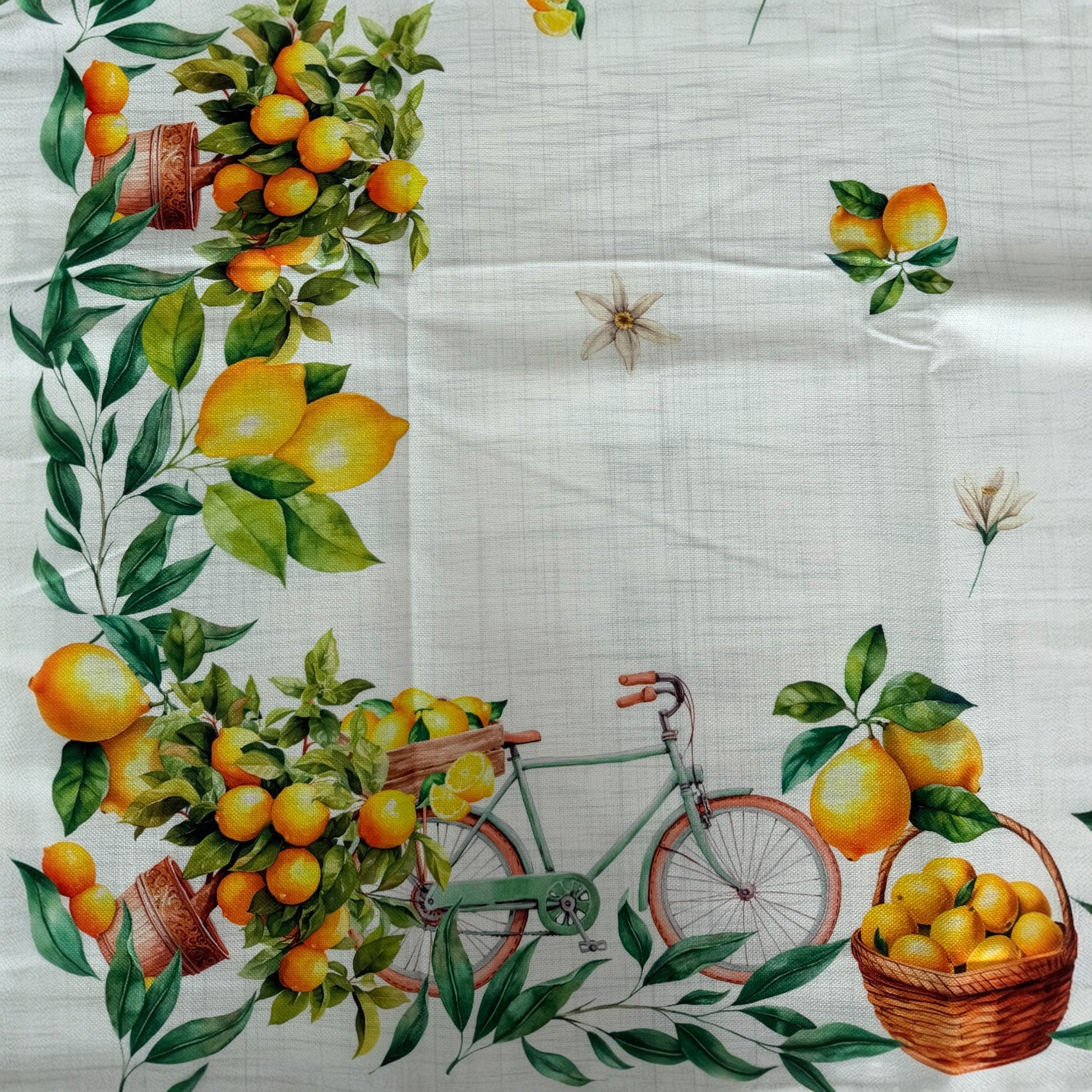 Dettaglio fantasia limoni mediterranei con bicicletta decorativa e stampa digitale ad alta definizione