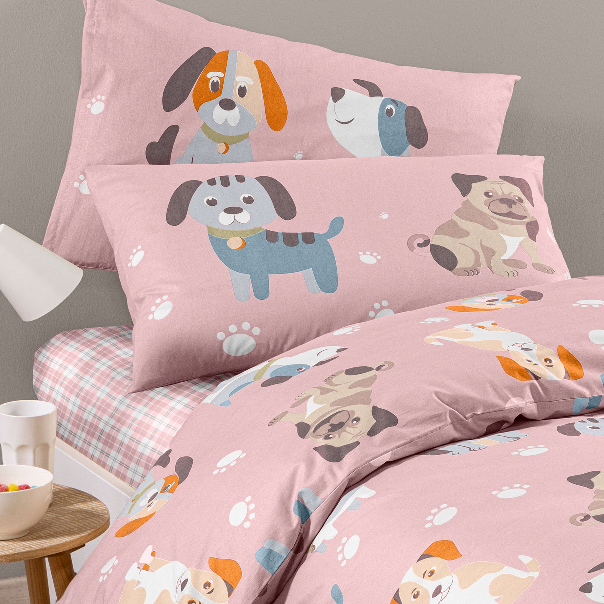 Federa double face con fantasia cuccioli della collezione Caleffi Cuccioli rosa
