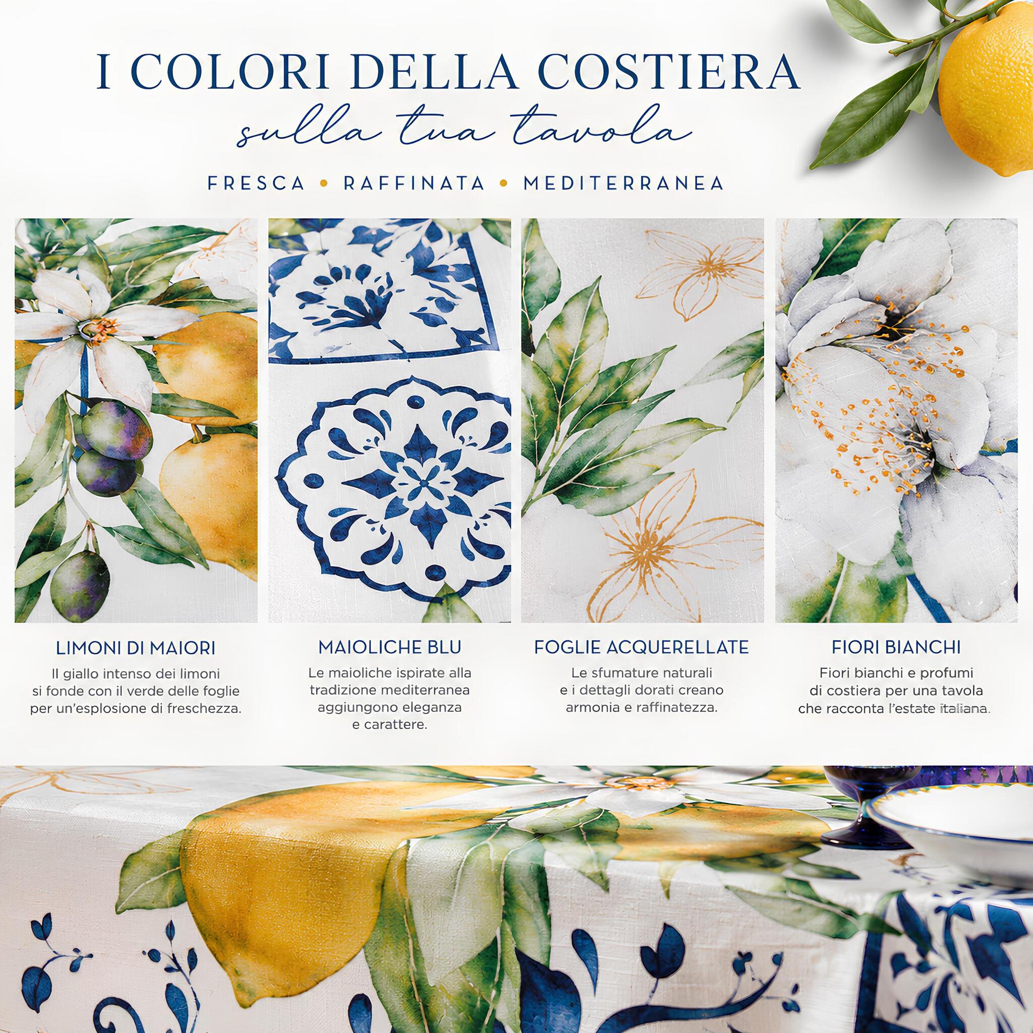 Fantasia con limoni maioliche blu e fiori bianchi della tovaglia Maiori
