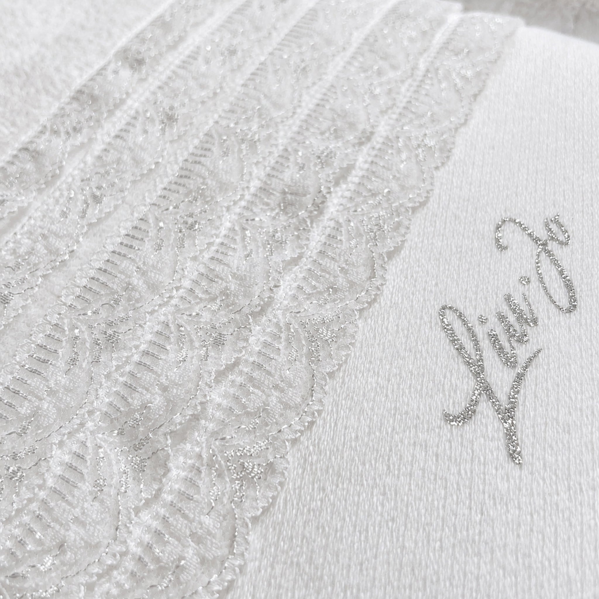Dettaglio della fascia in pizzo e del logo Liu Jo in lurex sull’asciugamano viso Paradiso Bianco
