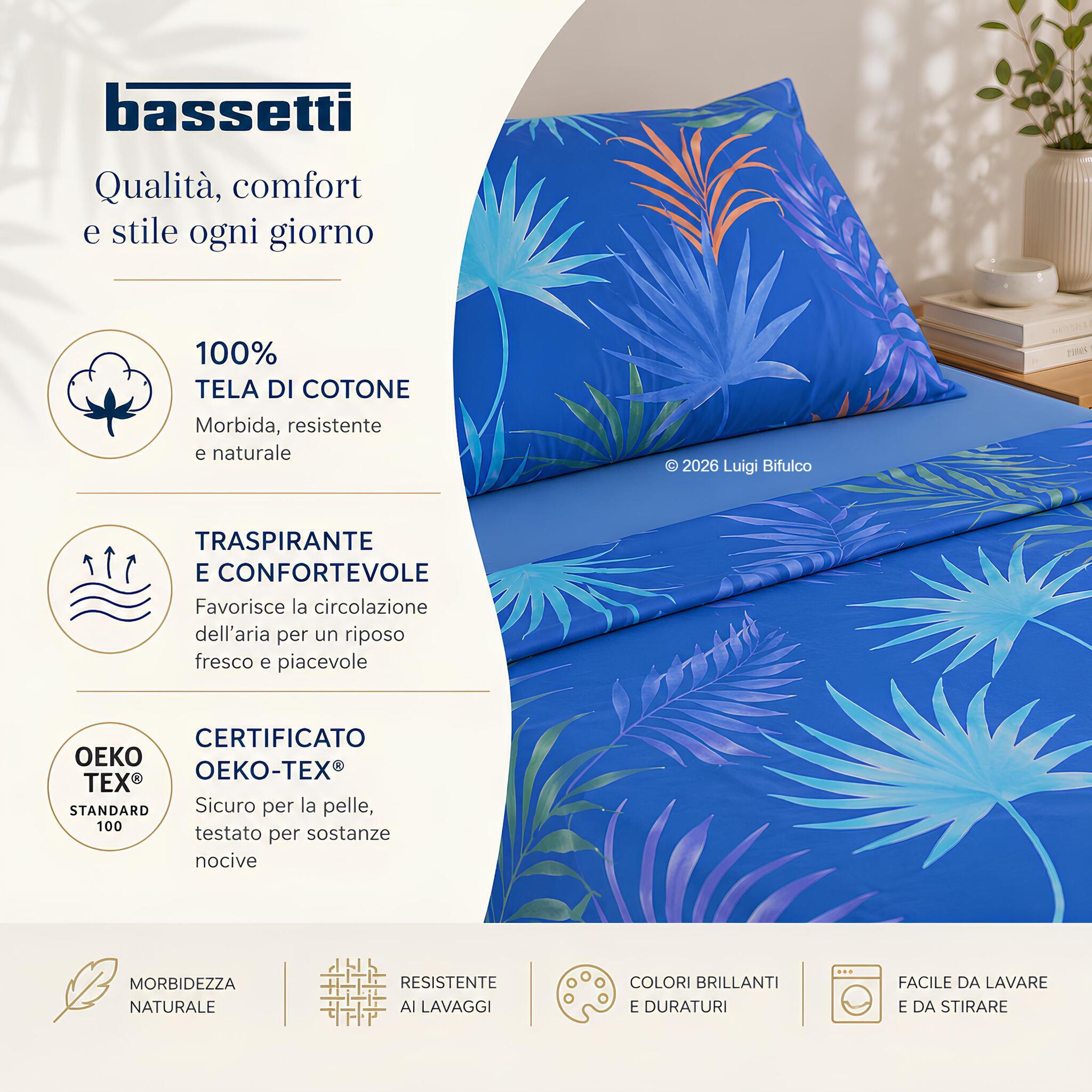 Dettaglio del tessuto in 100% tela di cotone del completo lenzuola Bassetti Palmshade certificato OEKO-TEX