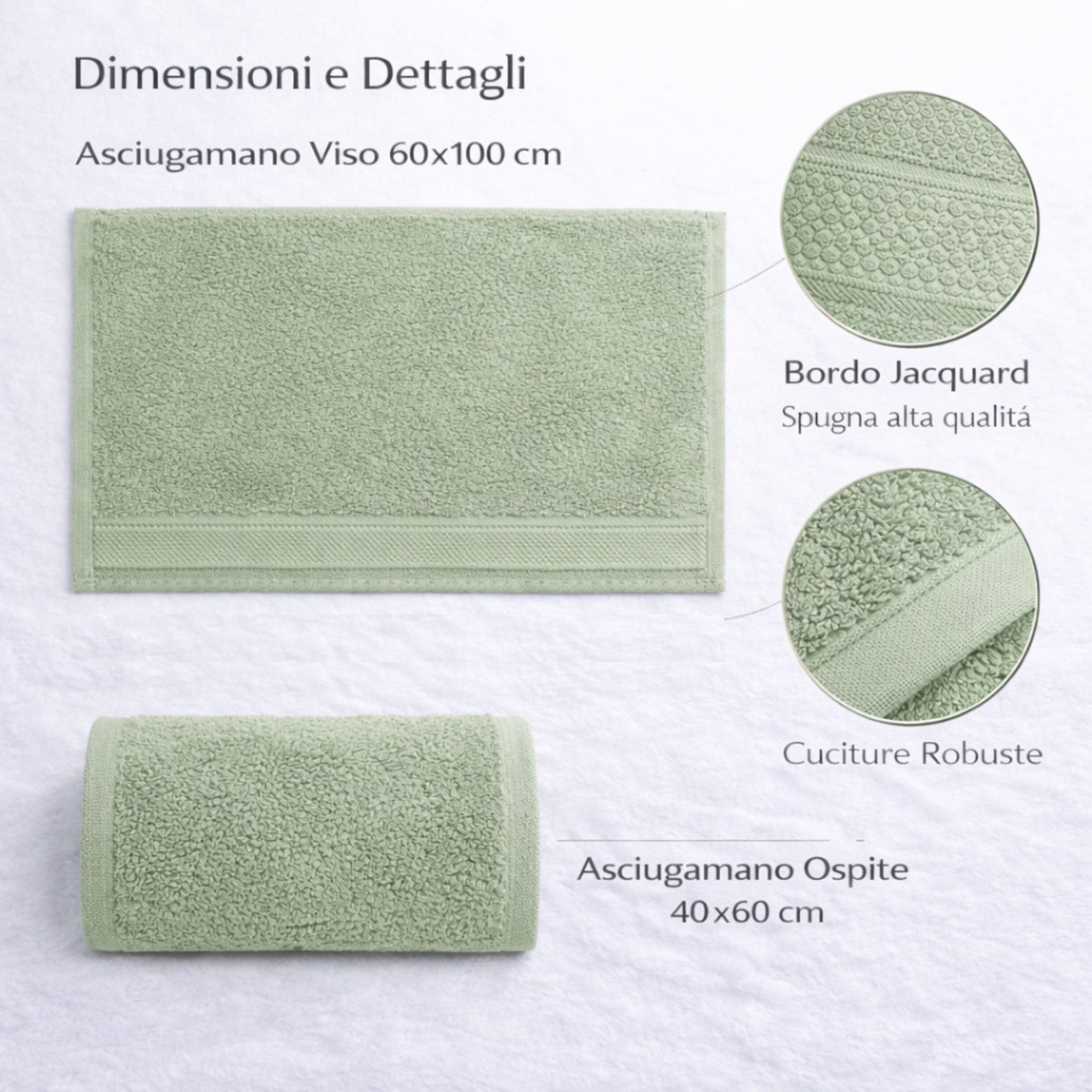 Dimensioni asciugamano viso 57x100 e ospite 40x60 cm salvia