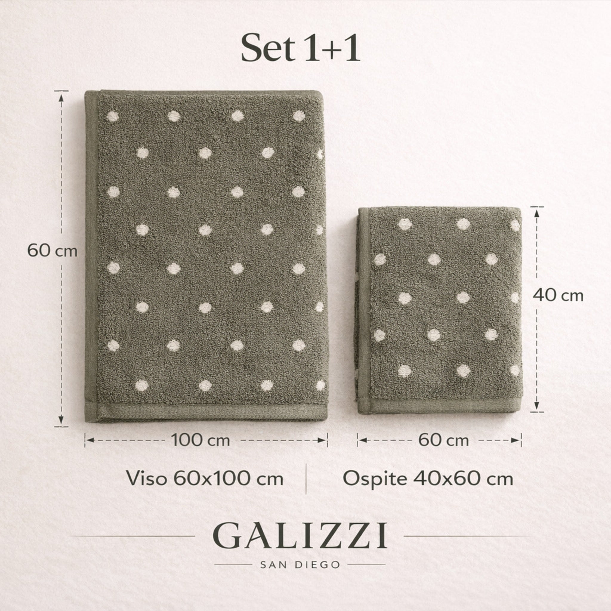 Dimensioni asciugamano viso 60x100 e ospite 40x60 cm pois