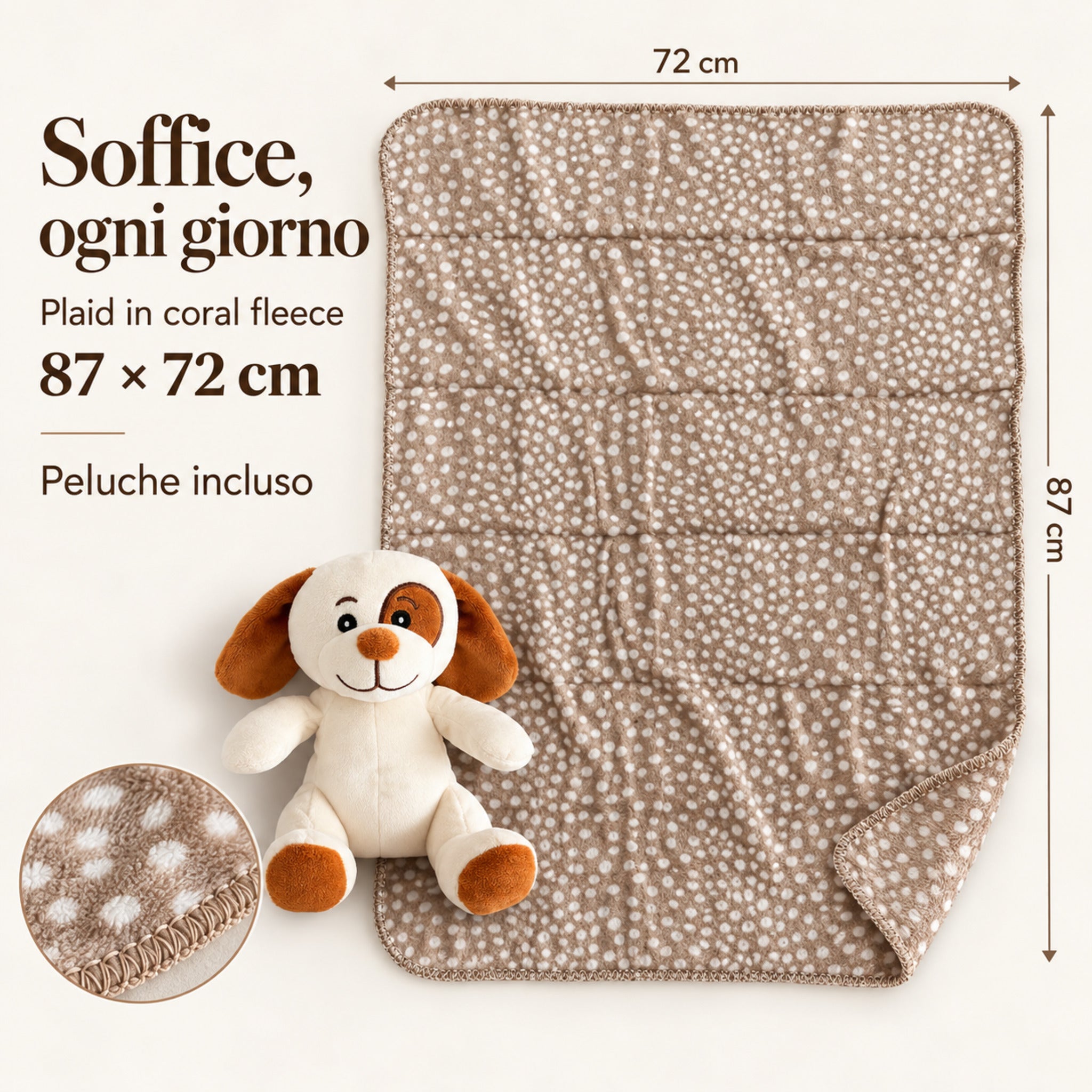 Copertina tortora a pois bianchi con peluche cagnolino, indicazione delle misure 87×72 cm e dettaglio del tessuto coral fleece.